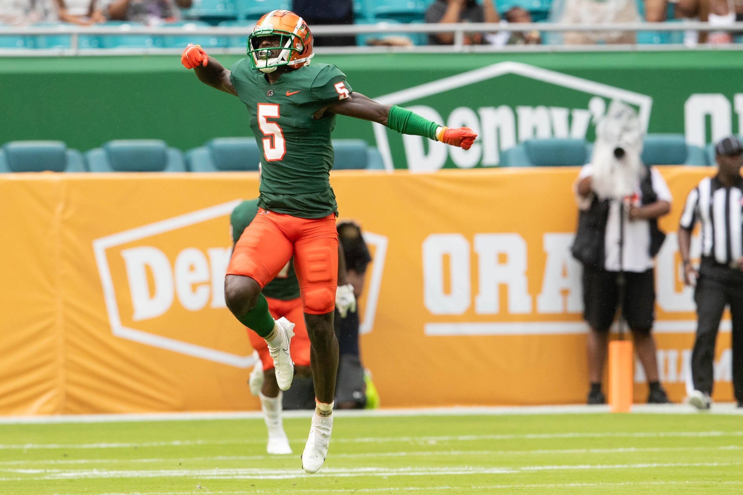 FAMU safety Markquese Bell (5) celebrates a sack during the Orange Blossom Classic between Florida A&M University and Jackson State University at Hard Rock Stadium in Miami Gardens Sunday, Sept. 5, 2021. Syndication Tallahassee Democrat