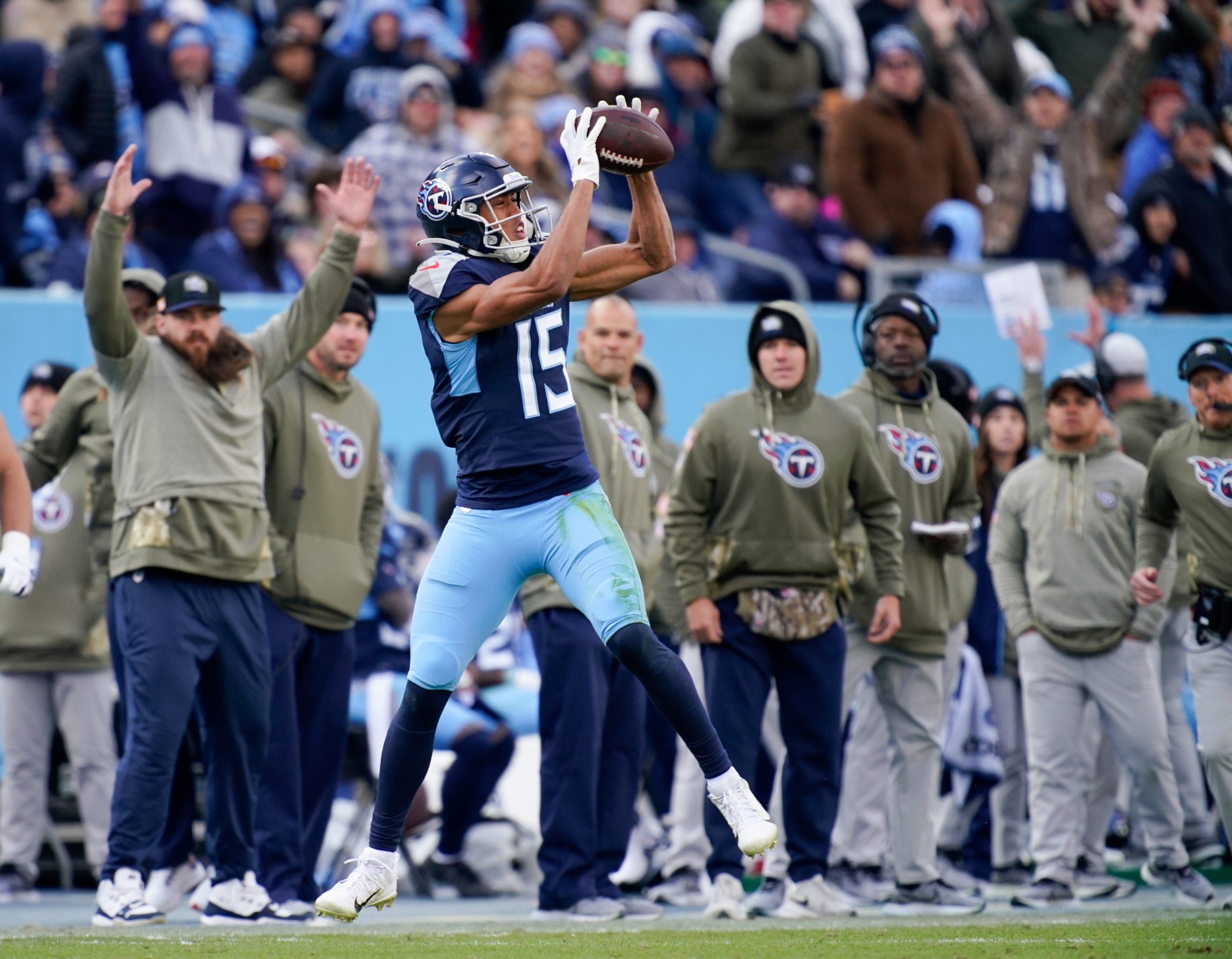 Nov 13, 2022; Nashville, Tennessee, USA; Tennessee Titans wide receiver Nick Westbrook-Ikhine (15) catches a touchdown pass during the third quarter against the Denver Broncos at Nissan Stadium. Mandatory Credit: Andrew Nelles-USA TODAY Sports