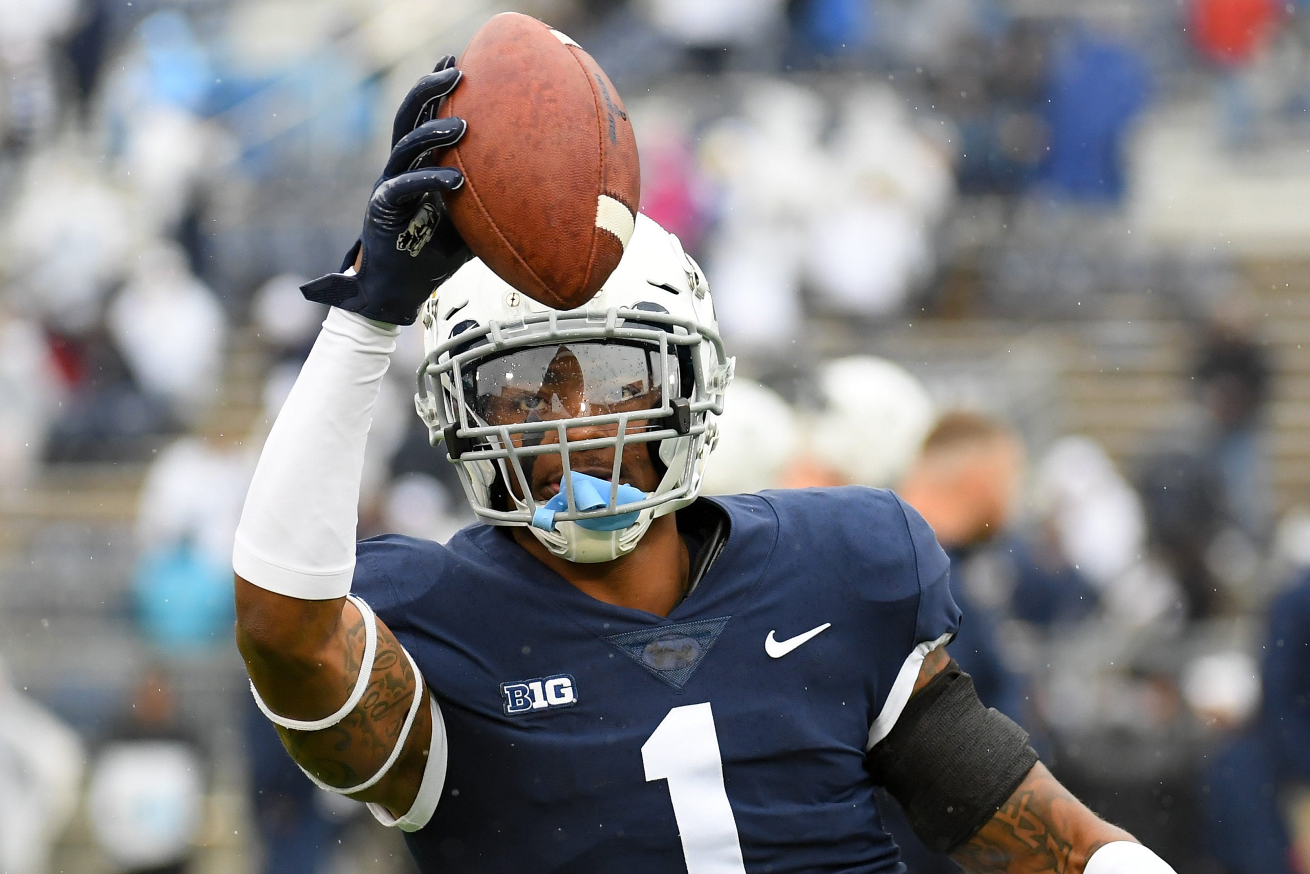 Oct 23, 2021; University Park, Pennsylvania, USA; Penn State Nittany Lions safety Jaquan Brisker (1) warms up prior to the game against the Illinois Fighting Illini at Beaver Stadium. Mandatory Credit: Rich Barnes-USA TODAY Sports