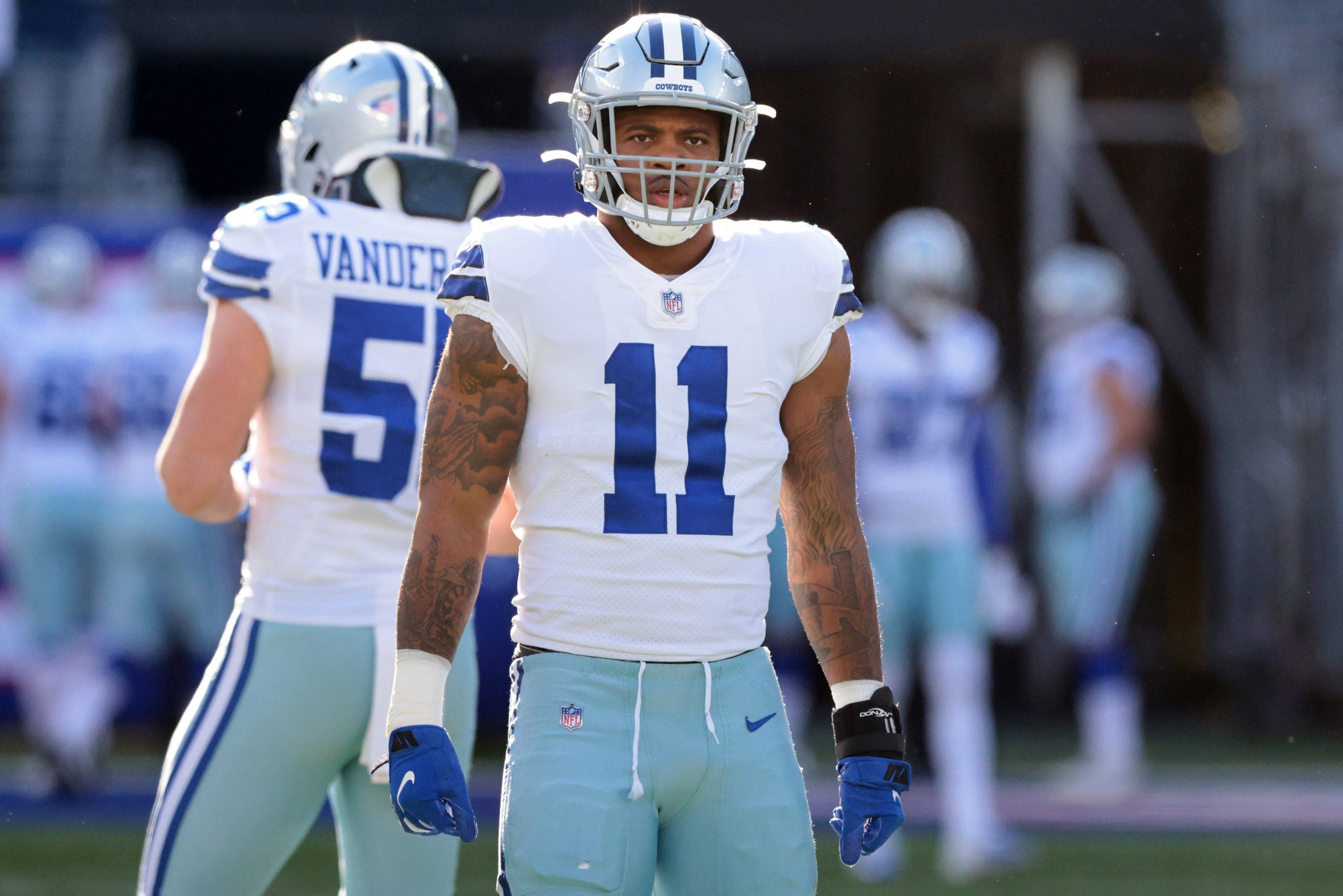 Dec 19, 2021; East Rutherford, New Jersey, USA; Dallas Cowboys outside linebacker Micah Parsons (11) looks on  before the game against the New York Giants at MetLife Stadium. Mandatory Credit: Vincent Carchietta-USA TODAY Sports