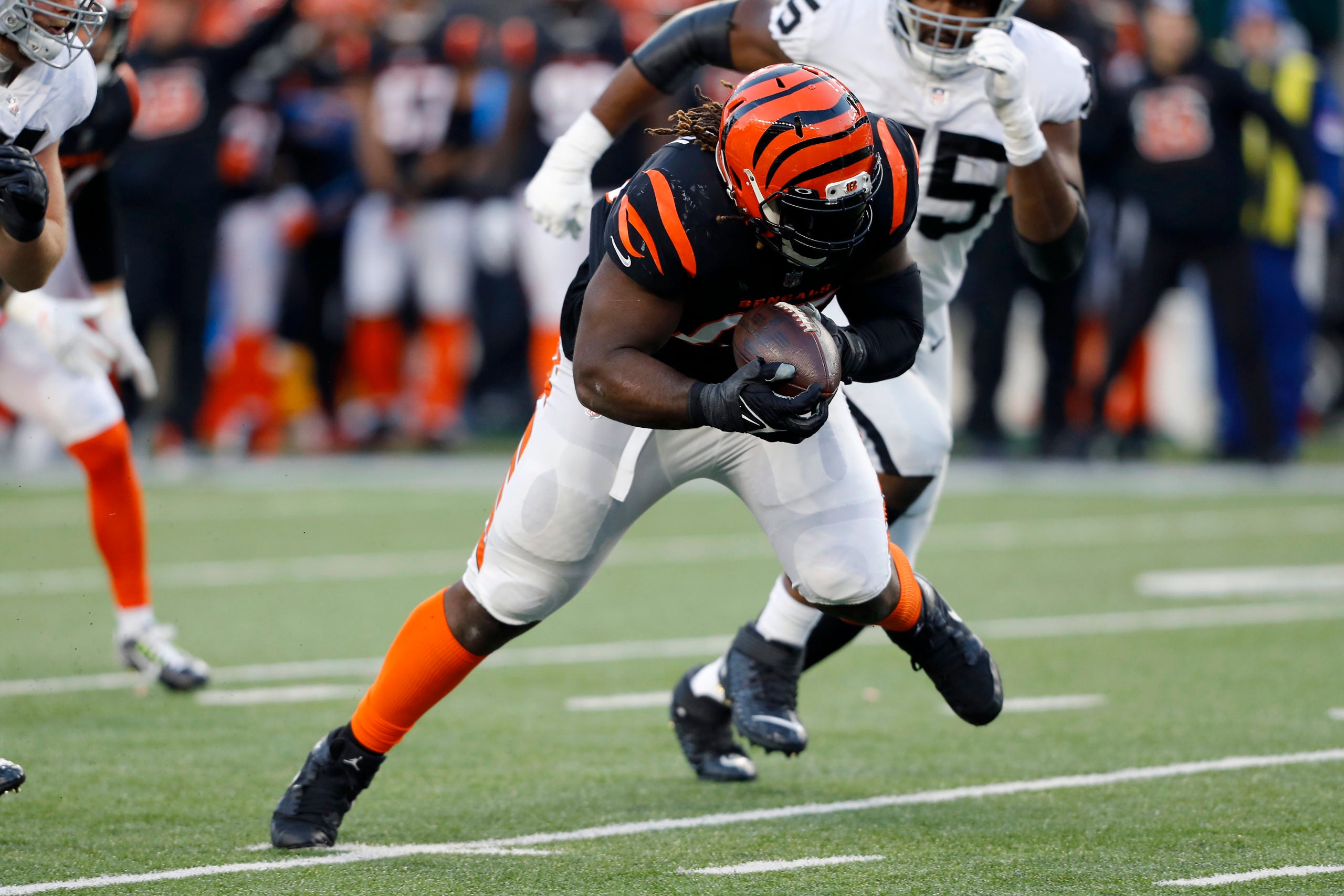 Jan 15, 2022; Cincinnati, Ohio, USA; Cincinnati Bengals defensive tackle Larry Ogunjobi (65) picks up the fumble during the first quarter in an AFC Wild Card playoff football game against the Las Vegas Raiders at Paul Brown Stadium. Mandatory Credit: Joseph Maiorana-USA TODAY Sports