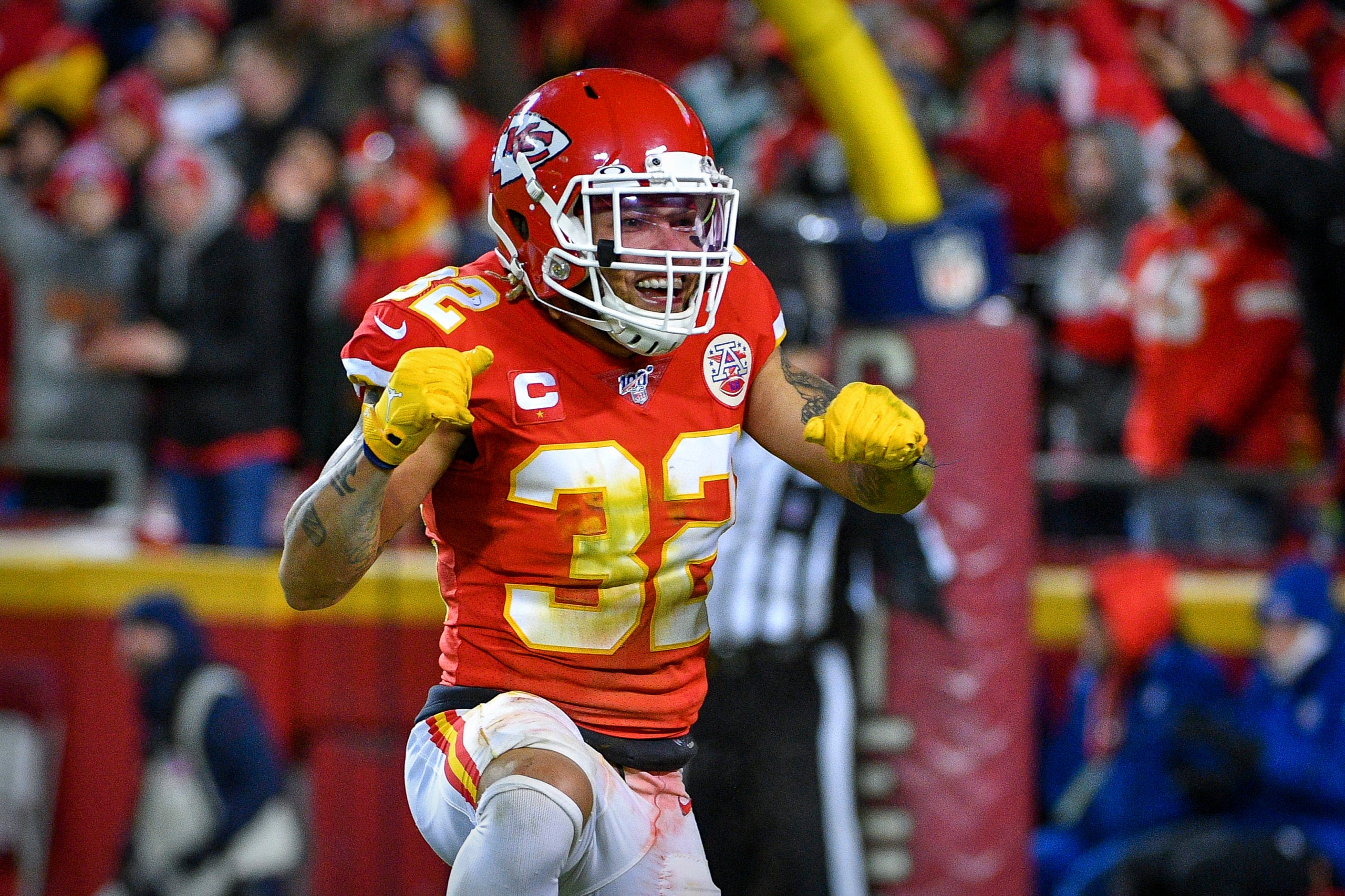 Jan 12, 2020; Kansas City, MO, USA; Kansas City Chiefs safety Tyrann Mathieu (32) celebrates a defensive stop against the Houston Texans during the fourth quarter in a AFC Divisional Round playoff football game at Arrowhead Stadium.  Mandatory Credit: Denny Medley-USA TODAY Sports