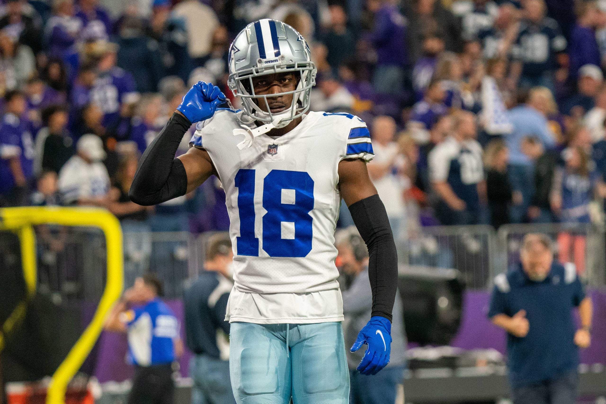 Oct 31, 2021; Minneapolis, Minnesota, USA; Dallas Cowboys free safety Damontae Kazee (18) exits the field after defeating the Minnesota Vikings at U.S. Bank Stadium. Mandatory Credit: Matt Blewett-USA TODAY Sports