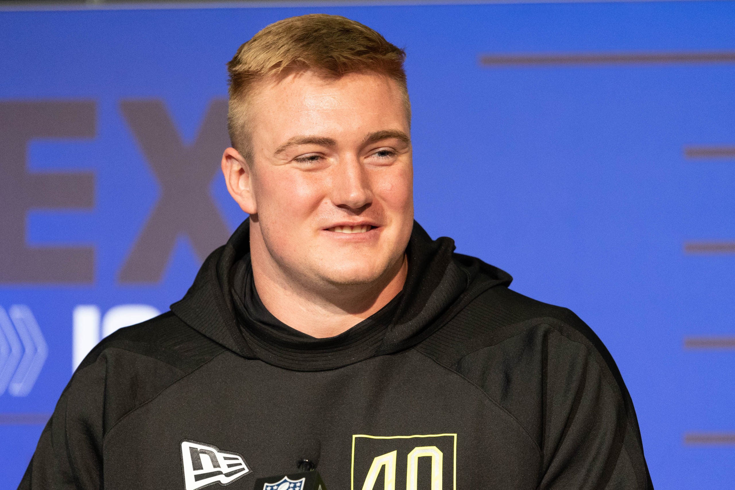 Mar 3, 2022; Indianapolis, IN, USA; Central Michigan offensive lineman Bernhard Raimann talks to the media during the 2022 NFL Scouting Combine.  Mandatory Credit: Trevor Ruszkowski-USA TODAY Sports