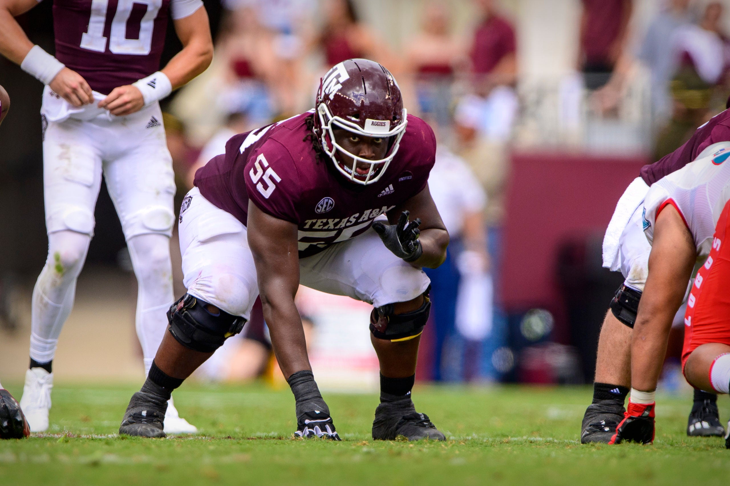 Sep 18, 2021; College Station, Texas, USA; Texas A&M Aggies offensive lineman Kenyon Green (55) in action during the game between the Texas A&M Aggies and the New Mexico Lobos at Kyle Field. Mandatory Credit: Jerome Miron-USA TODAY Sports