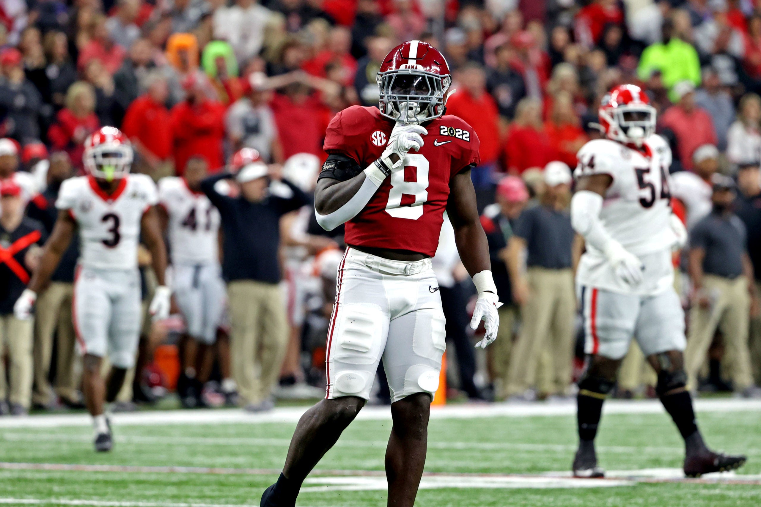 Jan 10, 2022; Indianapolis, IN, USA; Alabama Crimson Tide linebacker Christian Harris (8) reacts during the first quarter after the game in the 2022 CFP college football national championship game at Lucas Oil Stadium. Mandatory Credit: Trevor Ruszkowski-USA TODAY Sports