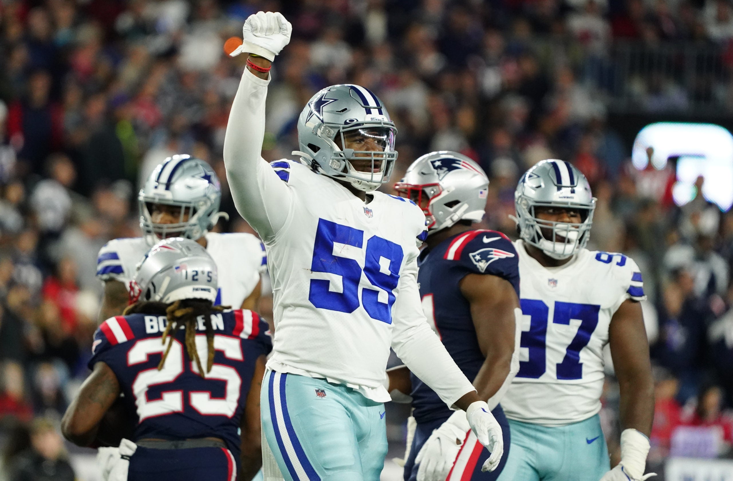Oct 17, 2021; Foxborough, Massachusetts, USA; Dallas Cowboys defensive end Chauncey Golston (59) reacts after a play against the New England Patriots in the second half at Gillette Stadium. Mandatory Credit: David Butler II-USA TODAY Sports