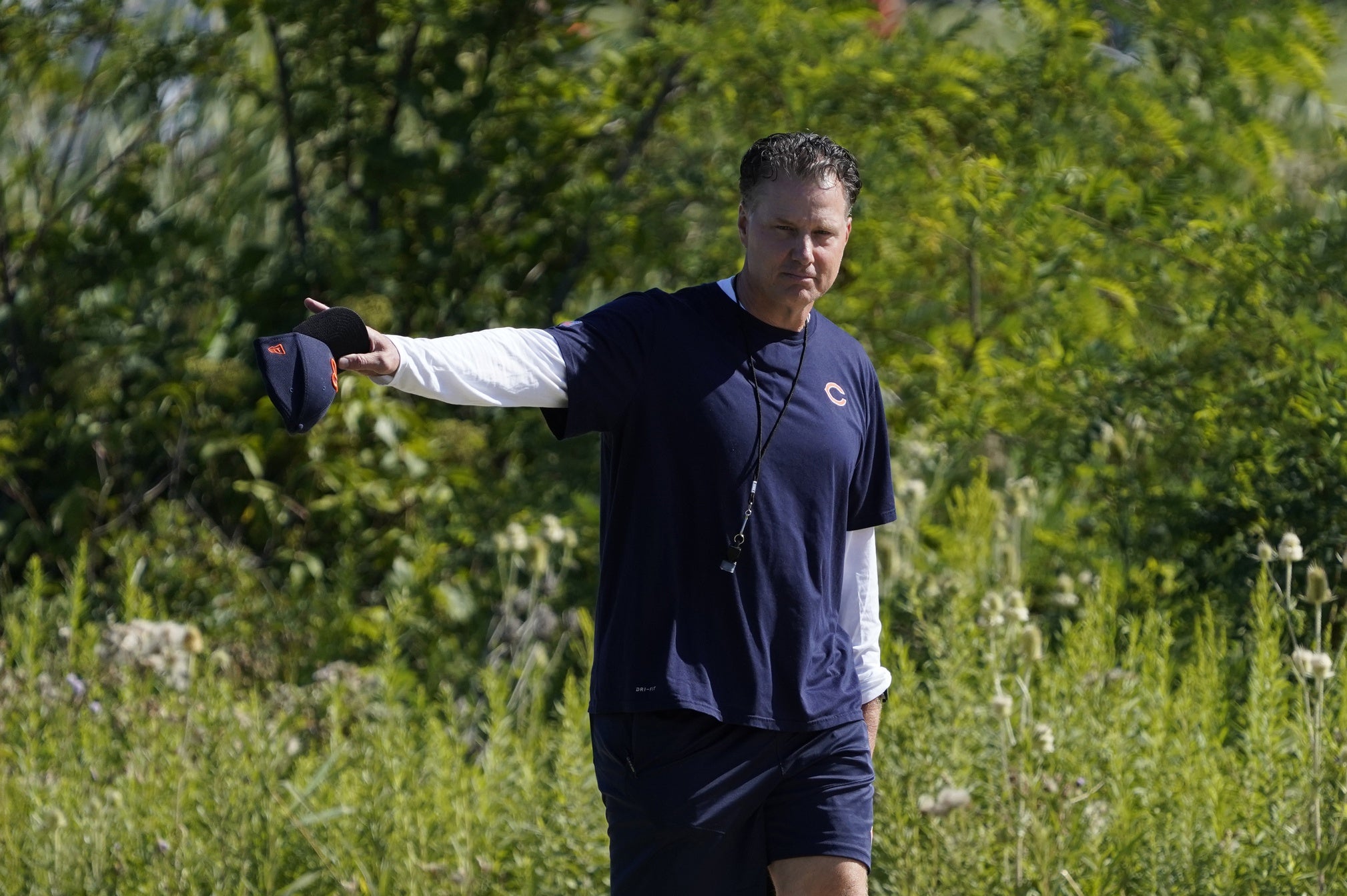 Jul 30, 2022; Lake Forest, Illinois, US; Chicago Bears Head Coach Matt Eberflus walks to the field during training camp at Halas Hall. Mandatory Credit: David Banks-USA TODAY Sports