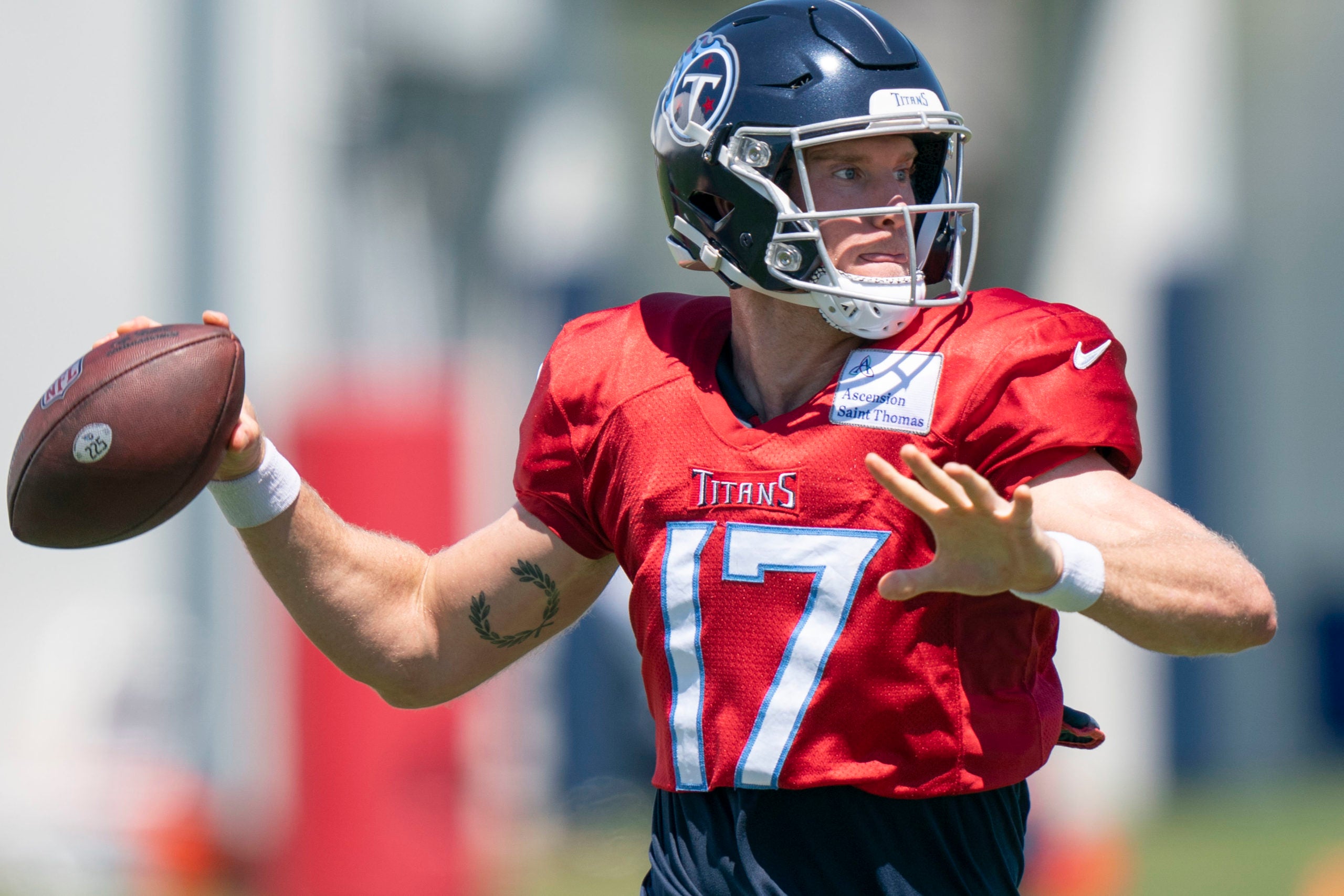 Aug 13, 2022; Nashville, Tennessee;  Tennessee Titans quarterback Ryan Tannehill (17) throws a pass during a training camp practice at Ascension Saint Thomas Sports Park.  Mandatory Credit: George Walker IV-USA TODAY Sports