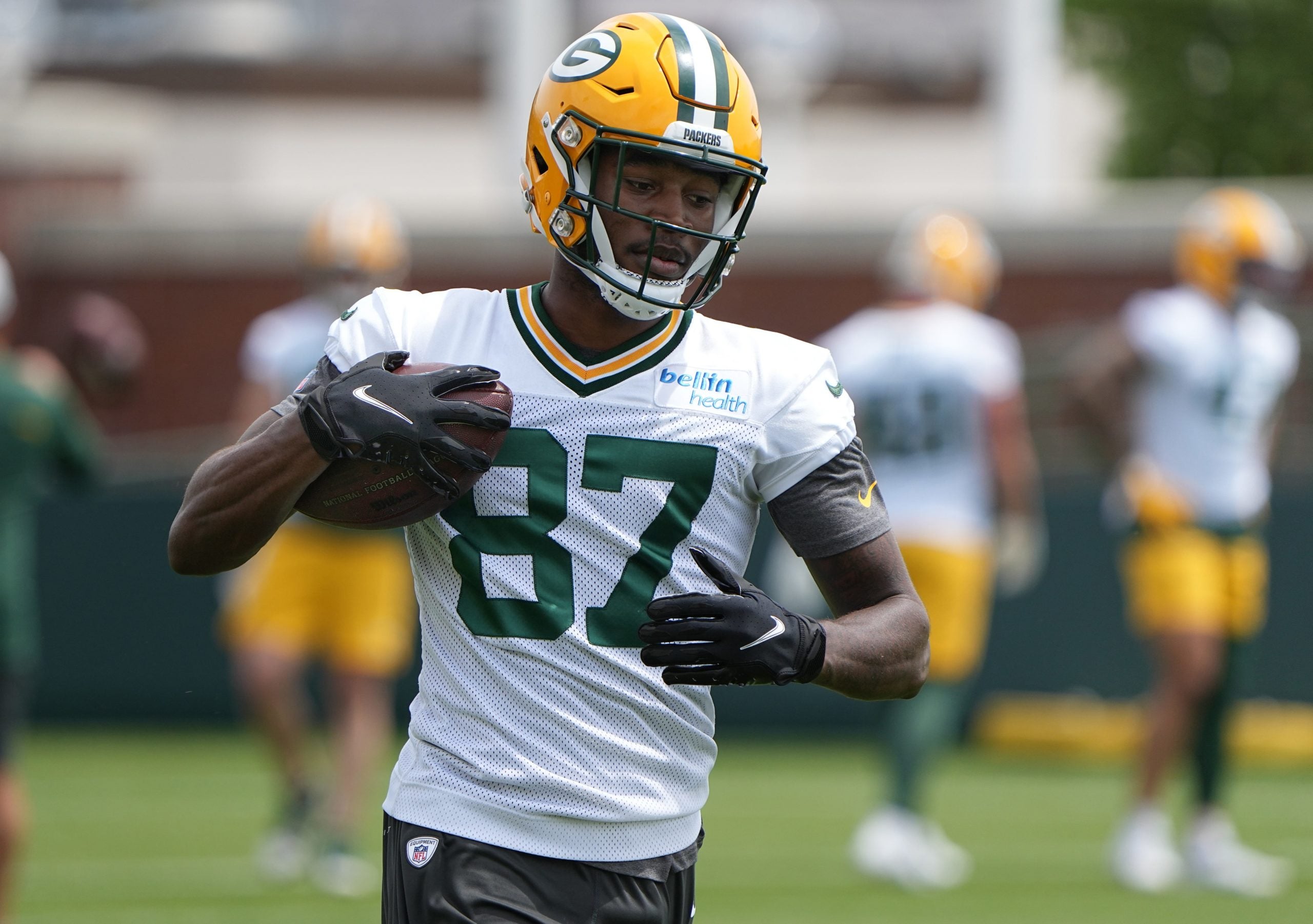 Green Bay Packers’  Romeo Doubs (87) is shown during organized team activities (OTA) Tuesday, May 31, 2022 in Green Bay, Wis. Packers01 38