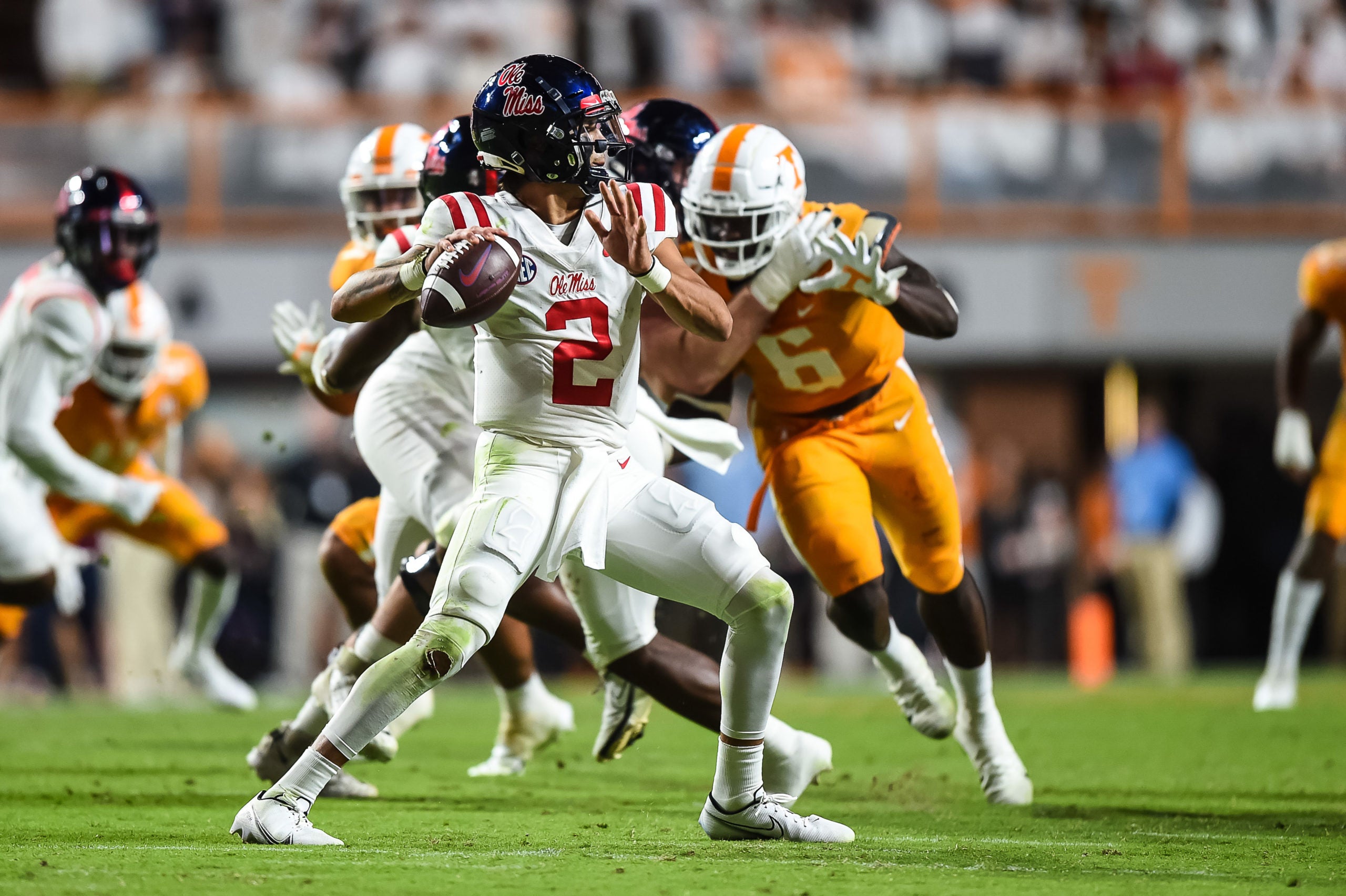Oct 16, 2021; Knoxville, Tennessee, USA; Mississippi Rebels quarterback Matt Corral (2) throwing a pass during the first half against the Tennessee Volunteers at Neyland Stadium. Mandatory Credit: Bryan Lynn-USA TODAY Sports