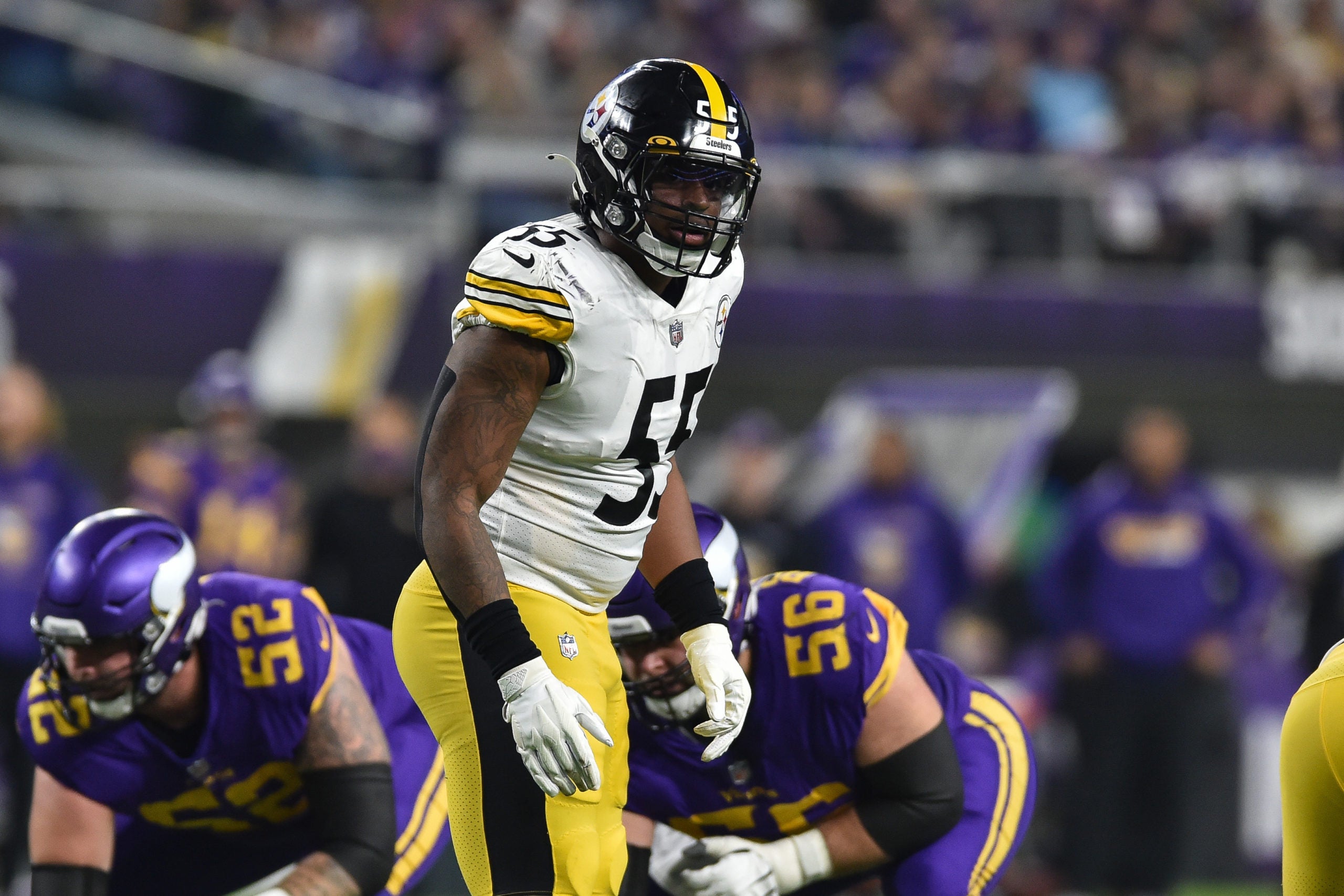 Dec 9, 2021; Minneapolis, Minnesota, USA; Pittsburgh Steelers inside linebacker Devin Bush (55) in action against the Minnesota Vikings at U.S. Bank Stadium. Mandatory Credit: Jeffrey Becker-USA TODAY Sports