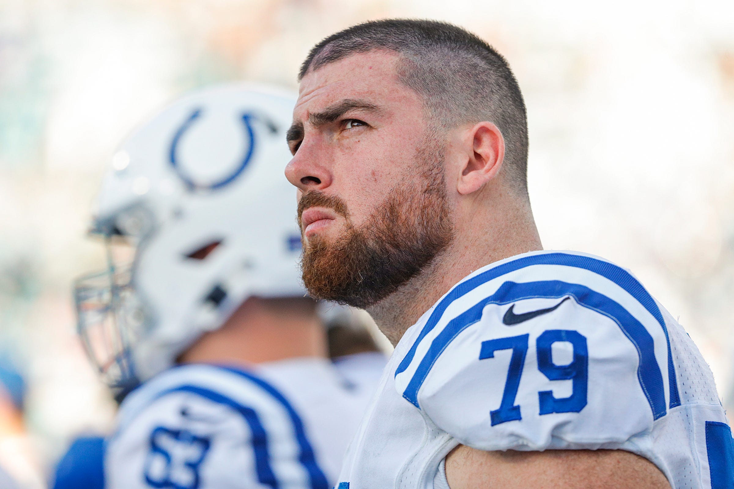 Indianapolis Colts offensive tackle Eric Fisher (79) looks to the scoreboard during the fourth quarter of the game on Sunday, Jan. 9, 2022, at TIAA Bank Field in Jacksonville, Fla. The Colts lost to the Jaguars, 11-26. The Indianapolis Colts Versus Jacksonville Jaguars On Sunday Jan 9 2022 Tiaa Bank Field In Jacksonville Fla