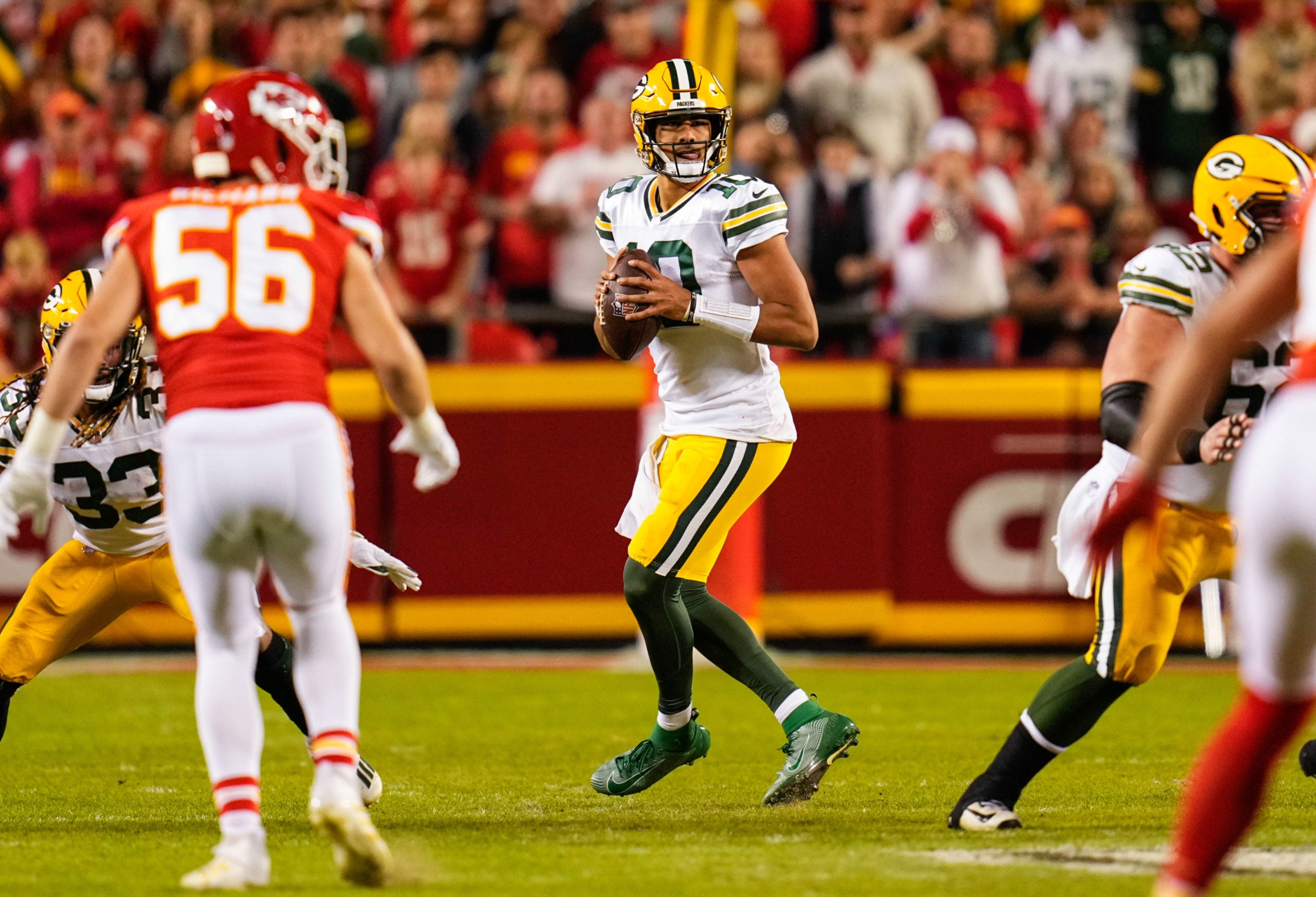 Nov 7, 2021; Kansas City, Missouri, USA; Green Bay Packers quarterback Jordan Love (10) against the Kansas City Chiefs during the second half at GEHA Field at Arrowhead Stadium. Mandatory Credit: Jay Biggerstaff-USA TODAY Sports