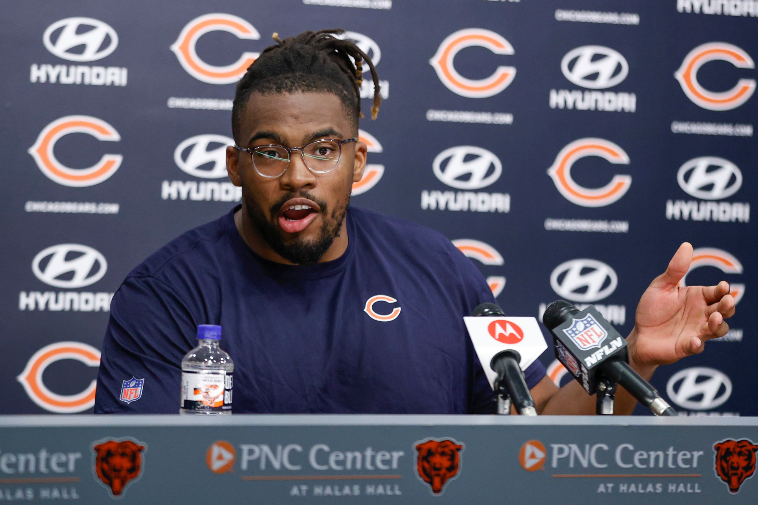 May 7, 2022; Lake Forest, IL, USA; Chicago Bears offensive tackle Braxton Jones speaks at a news conference during team's rookie minicamp at Halas Hall. Mandatory Credit: Kamil Krzaczynski-USA TODAY Sports