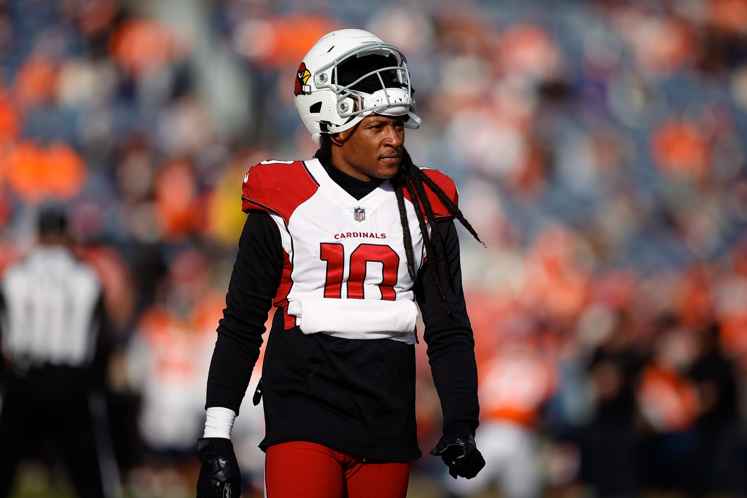 Dec 18, 2022; Denver, Colorado, USA; Arizona Cardinals wide receiver DeAndre Hopkins (10) before the game against the Denver Broncos at Empower Field at Mile High. Mandatory Credit: Isaiah J. Downing-USA TODAY Sports