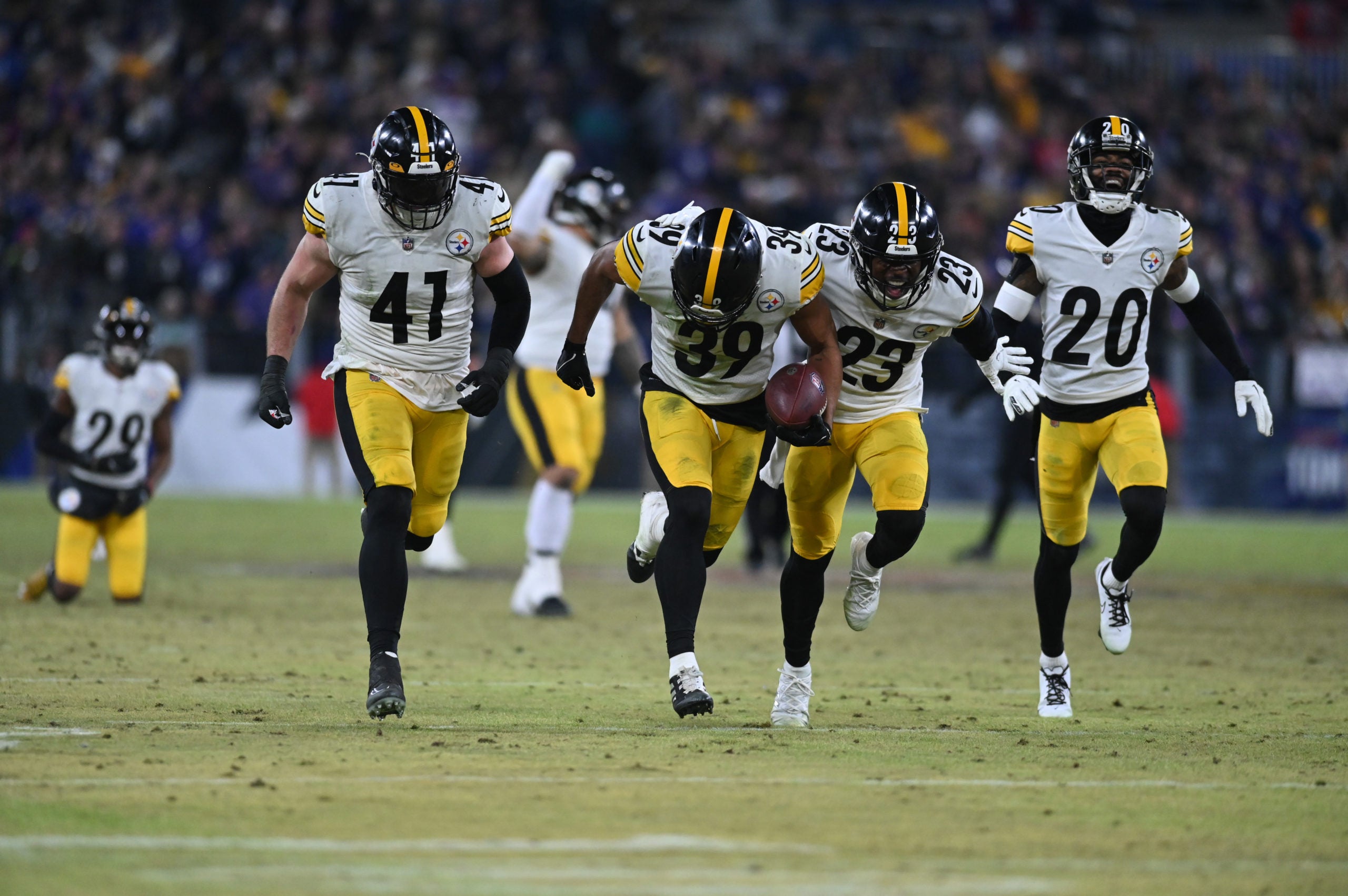 Jan 1, 2023; Baltimore, Maryland, USA;  Pittsburgh Steelers safety Minkah Fitzpatrick (39) celebrates after interrupting a Baltimore Ravens quarterback Tyler Huntley (2) pass during the second  half at M&T Bank Stadium. Mandatory Credit: Tommy Gilligan-USA TODAY Sports