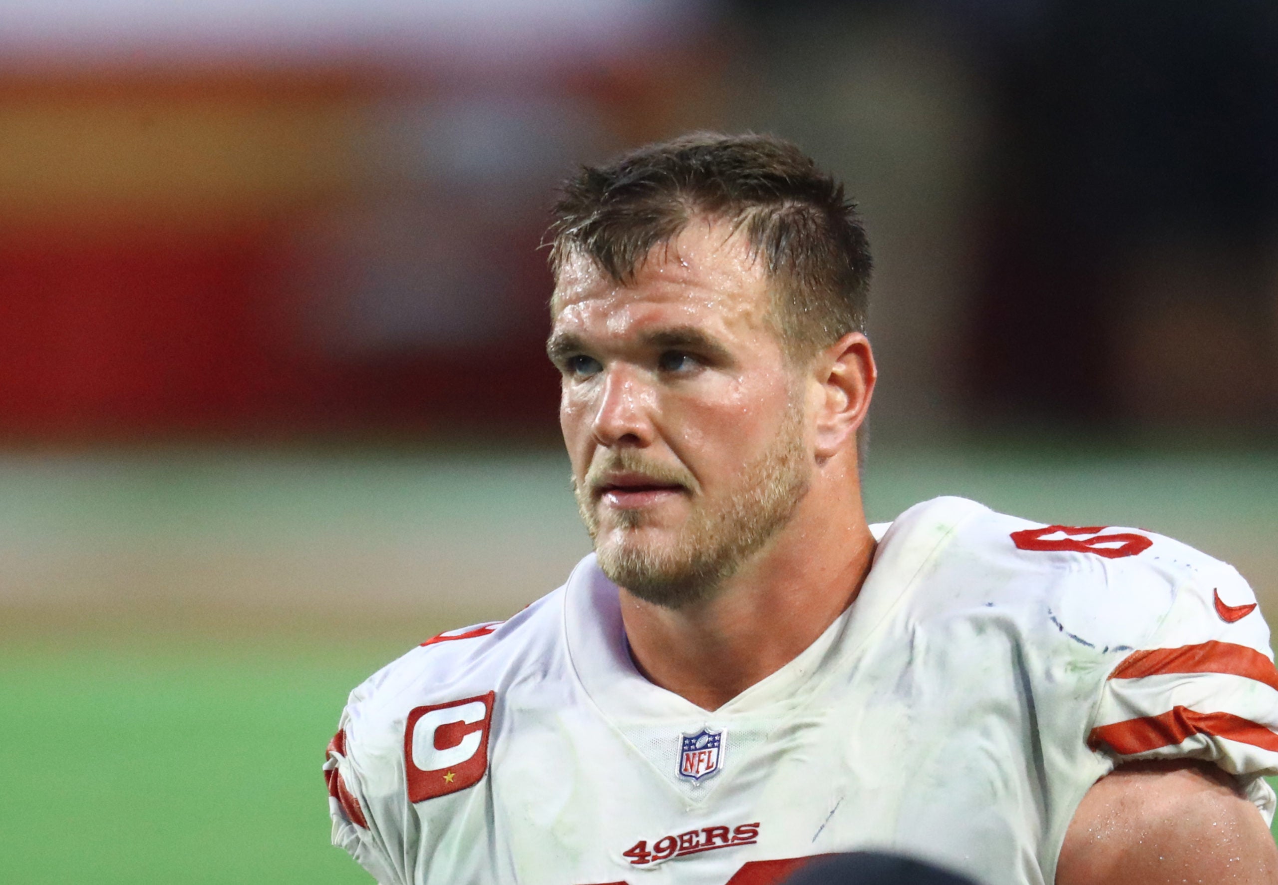 Jan 3, 2021; Glendale, Arizona, USA; San Francisco 49ers offensive tackle Mike McGlinchey (69) against the Seattle Seahawks at State Farm Stadium. Mandatory Credit: Mark J. Rebilas-USA TODAY Sports