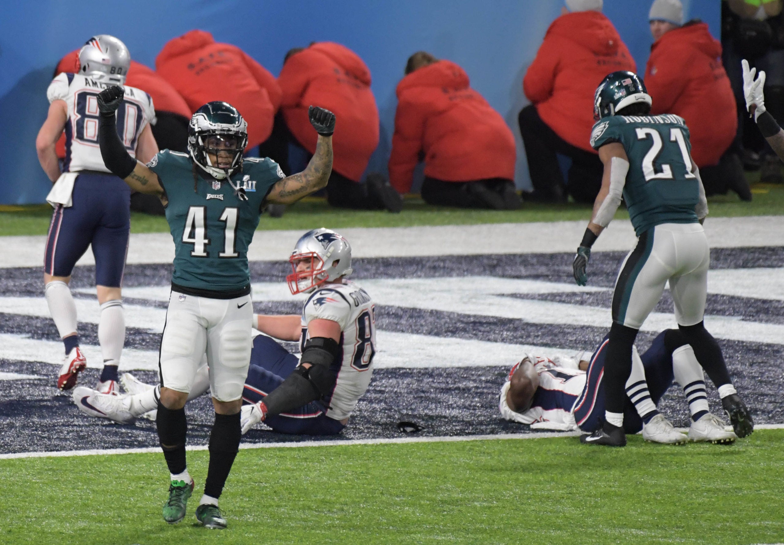 Feb 4, 2018; Minneapolis, MN, USA; Philadelphia Eagles cornerback Ronald Darby (41) celebrates after breaking up a hail mary pass to the New England Patriots in the fourth quarter in Super Bowl LII at U.S. Bank Stadium. Mandatory Credit: Kirby Lee-USA TODAY Sports