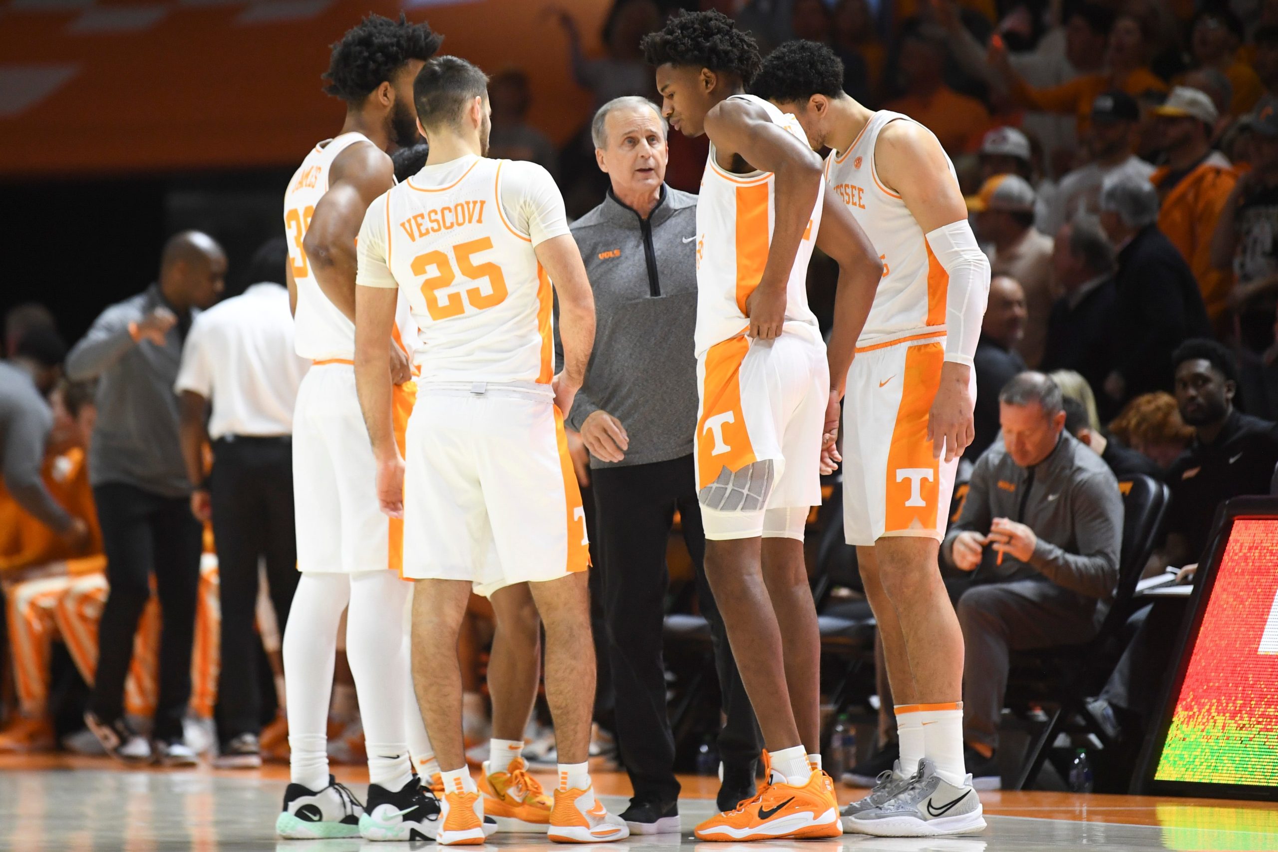 Tennessee Head Coach Rick Barnes talks with players before an NCAA college basketball game between the Auburn Tigers and the Tennessee Volunteers in Thompson-Boling Arena in Knoxville, Saturday Feb. 4, 2023. Utauburn0204 0098