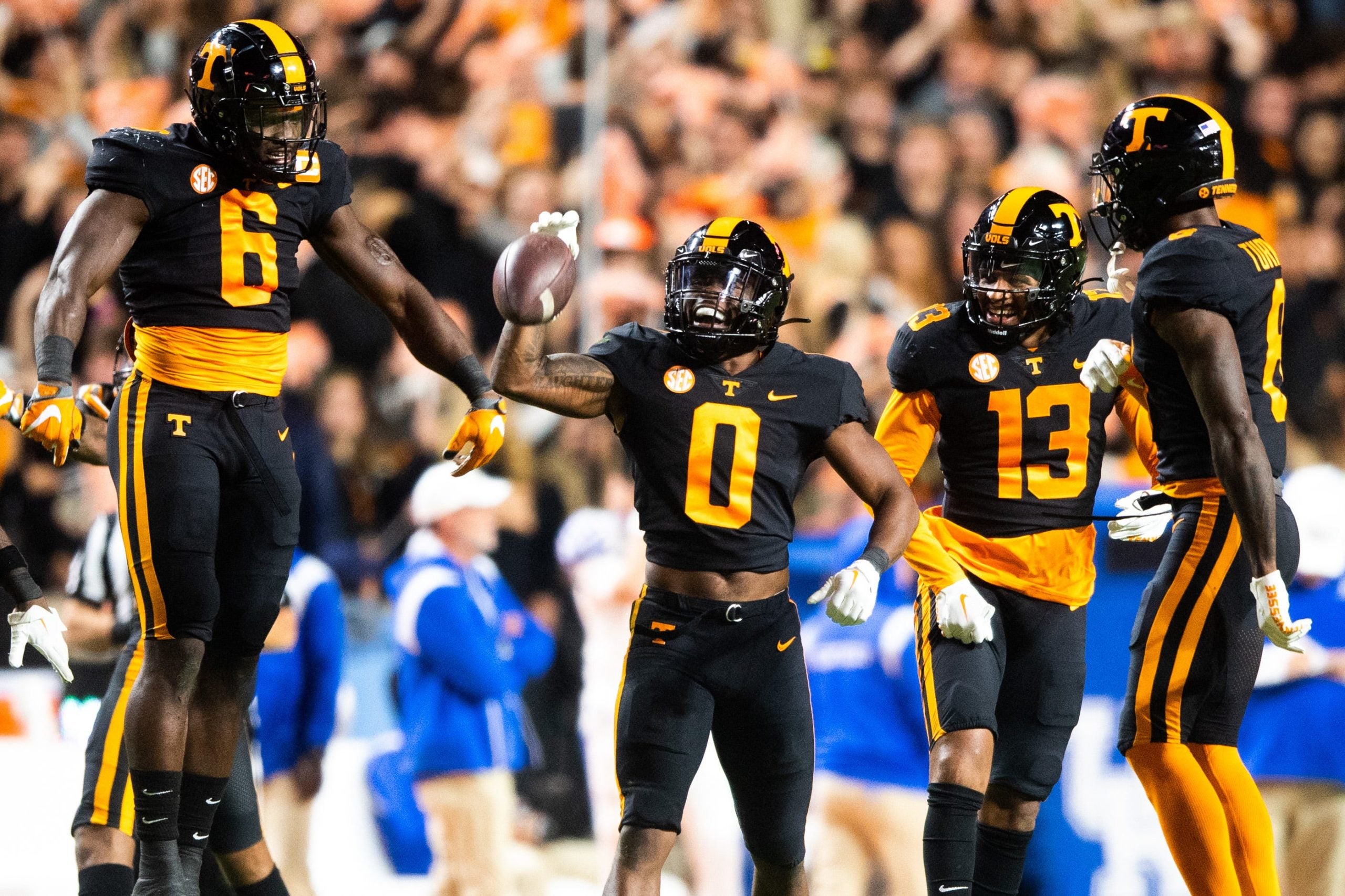 Tennessee defensive back Doneiko Slaughter (0) celebrates after intercepting a pass during Tennessee's game against Kentucky at Neyland Stadium in Knoxville, Tenn., on Saturday, Oct. 29, 2022. RANK 1 Kns Vols Kentucky Bp