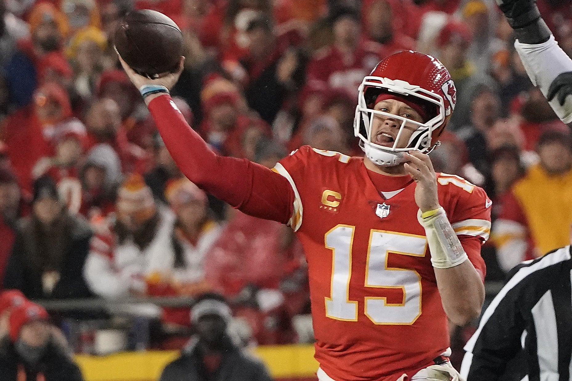 Jan 21, 2023; Kansas City, Missouri, USA; Kansas City Chiefs quarterback Patrick Mahomes (15) throws against the Jacksonville Jaguars during the second half in the AFC divisional round game at GEHA Field at Arrowhead Stadium. Mandatory Credit: Denny Medley-USA TODAY Sports
