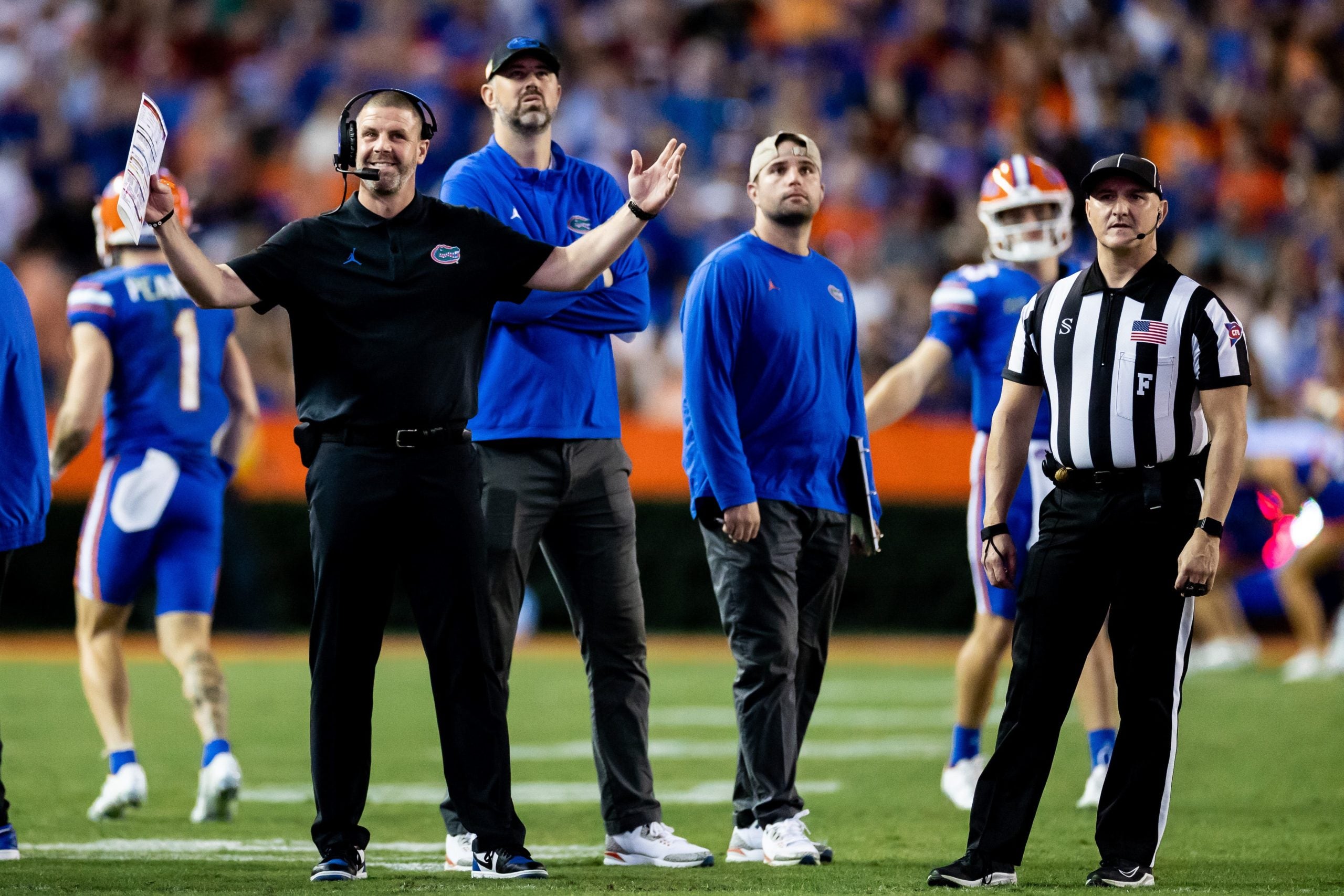 Florida Gators head coach Billy Napier gestures during an official reply review during the second half against the South Carolina Gamecocks at Steve Spurrier Field at Ben Hill Griffin Stadium in Gainesville, FL on Saturday, November 12, 2022. [Matt Pendleton/Gainesville Sun] Ncaa Football Florida Gators Vs South Carolina Gamecocks