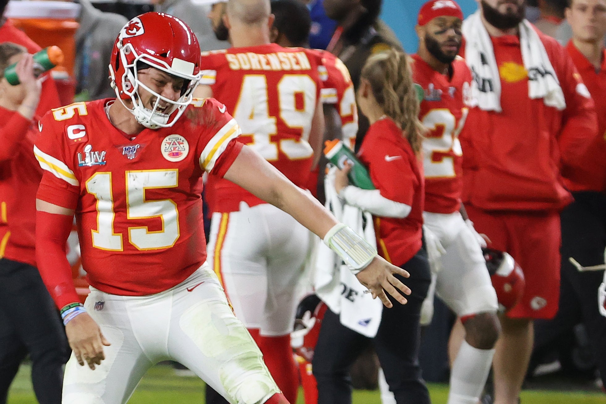 Feb 2, 2020; Miami Gardens, Florida, USA; Kansas City Chiefs quarterback Patrick Mahomes (15) celebrates after throwing a touchdown pass against the San Francisco 49ers in the fourth quarter in Super Bowl LIV at Hard Rock Stadium. Mandatory Credit: Geoff Burke-USA TODAY Sports