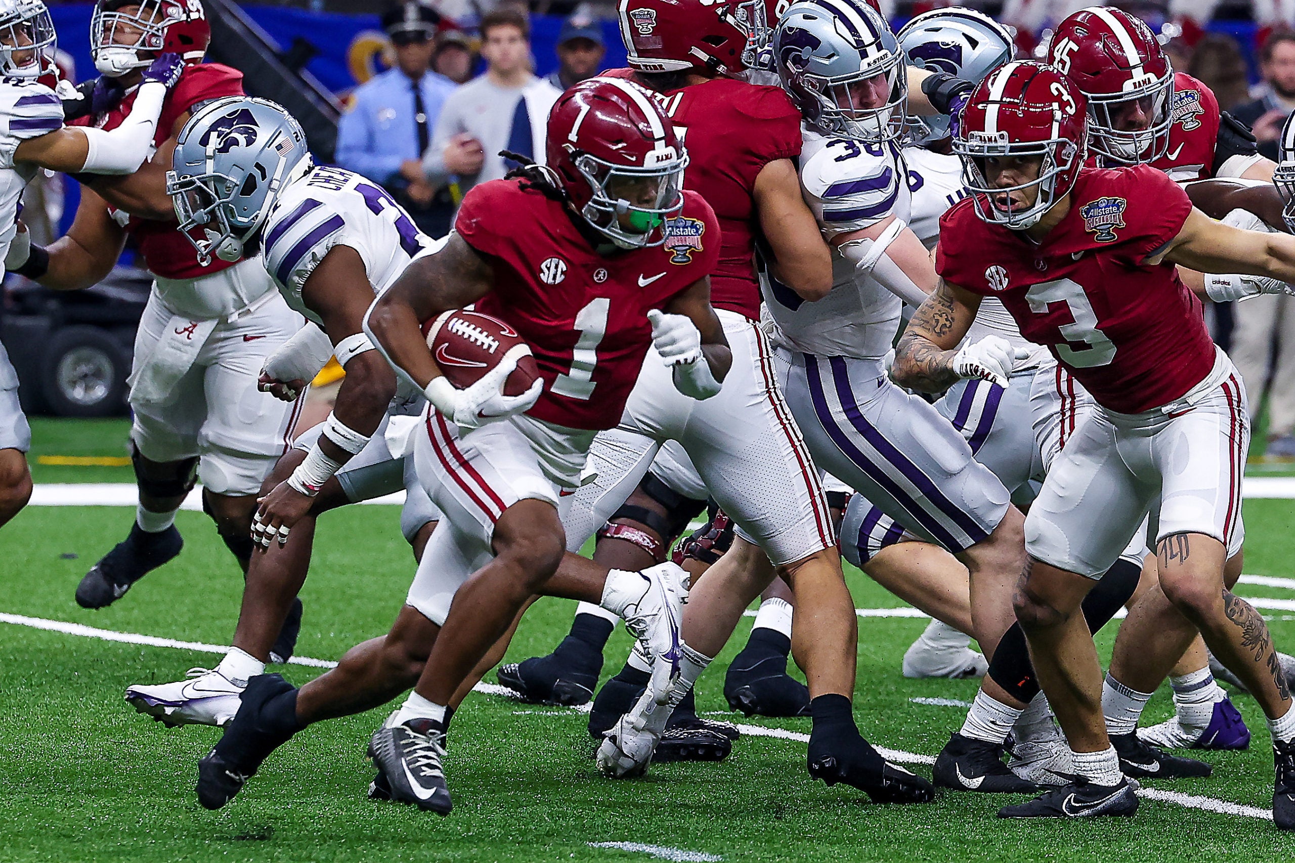 Dec 31, 2022; New Orleans, LA, USA; Alabama Crimson Tide running back Jahmyr Gibbs (1) runs the ball against the Kansas State Wildcats during the first half in the 2022 Sugar Bowl at Caesars Superdome. Mandatory Credit: Stephen Lew-USA TODAY Sports