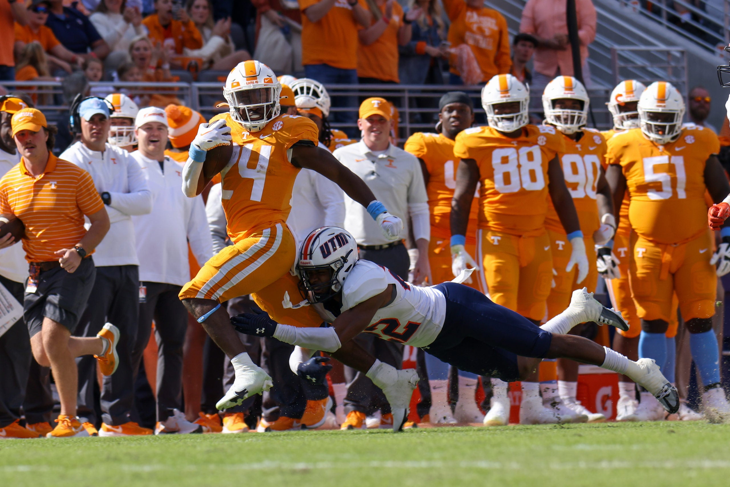 Oct 22, 2022; Knoxville, Tennessee, USA; Tennessee Volunteers running back Dylan Sampson (24) runs the ball against the Tennessee Martin Skyhawks during the second half at Neyland Stadium. Mandatory Credit: Randy Sartin-USA TODAY Sports