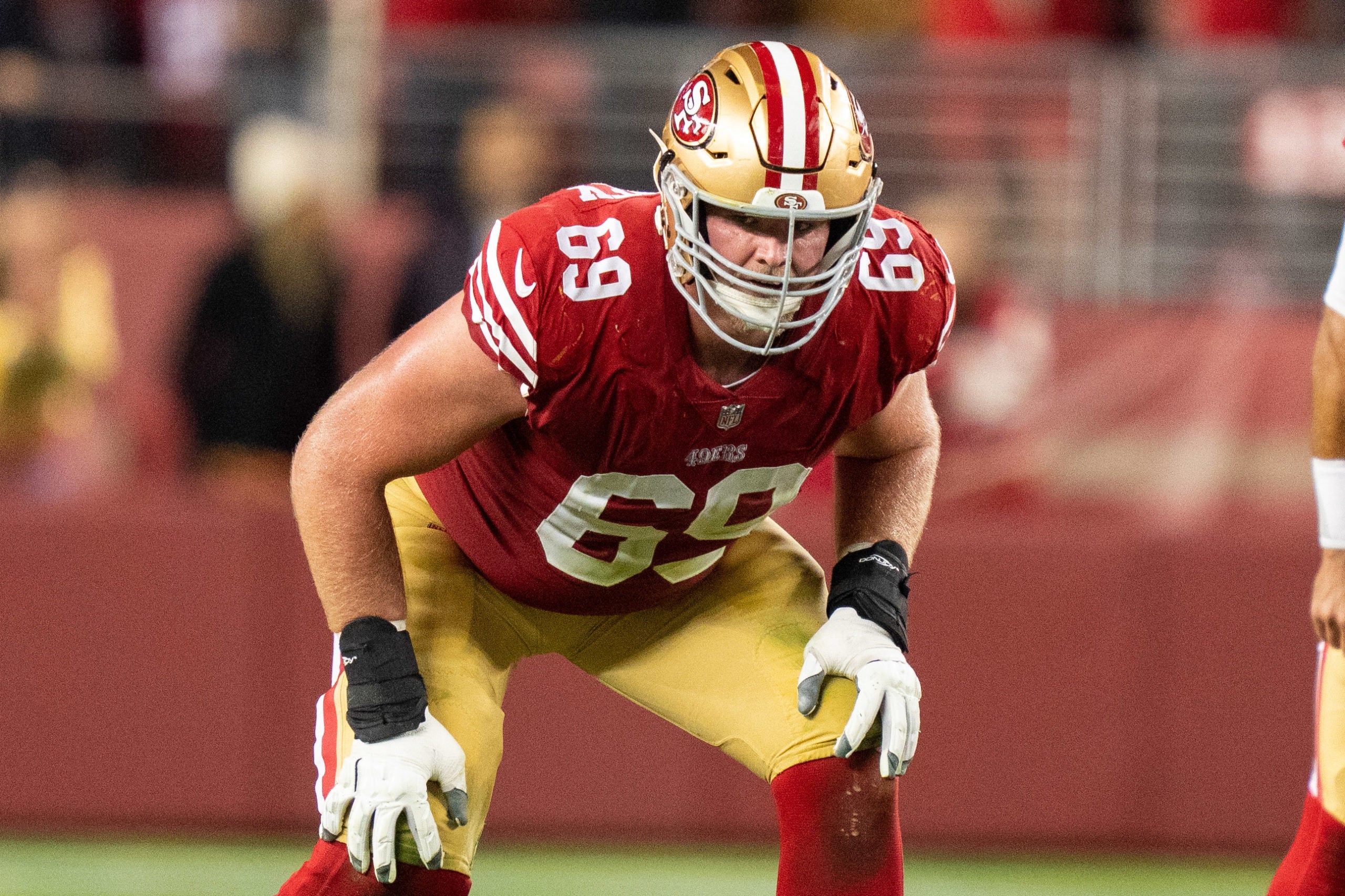November 13, 2022; Santa Clara, California, USA; San Francisco 49ers offensive tackle Mike McGlinchey (69) during the fourth quarter against the Los Angeles Chargers at Levi's Stadium. Mandatory Credit: Kyle Terada-USA TODAY Sports