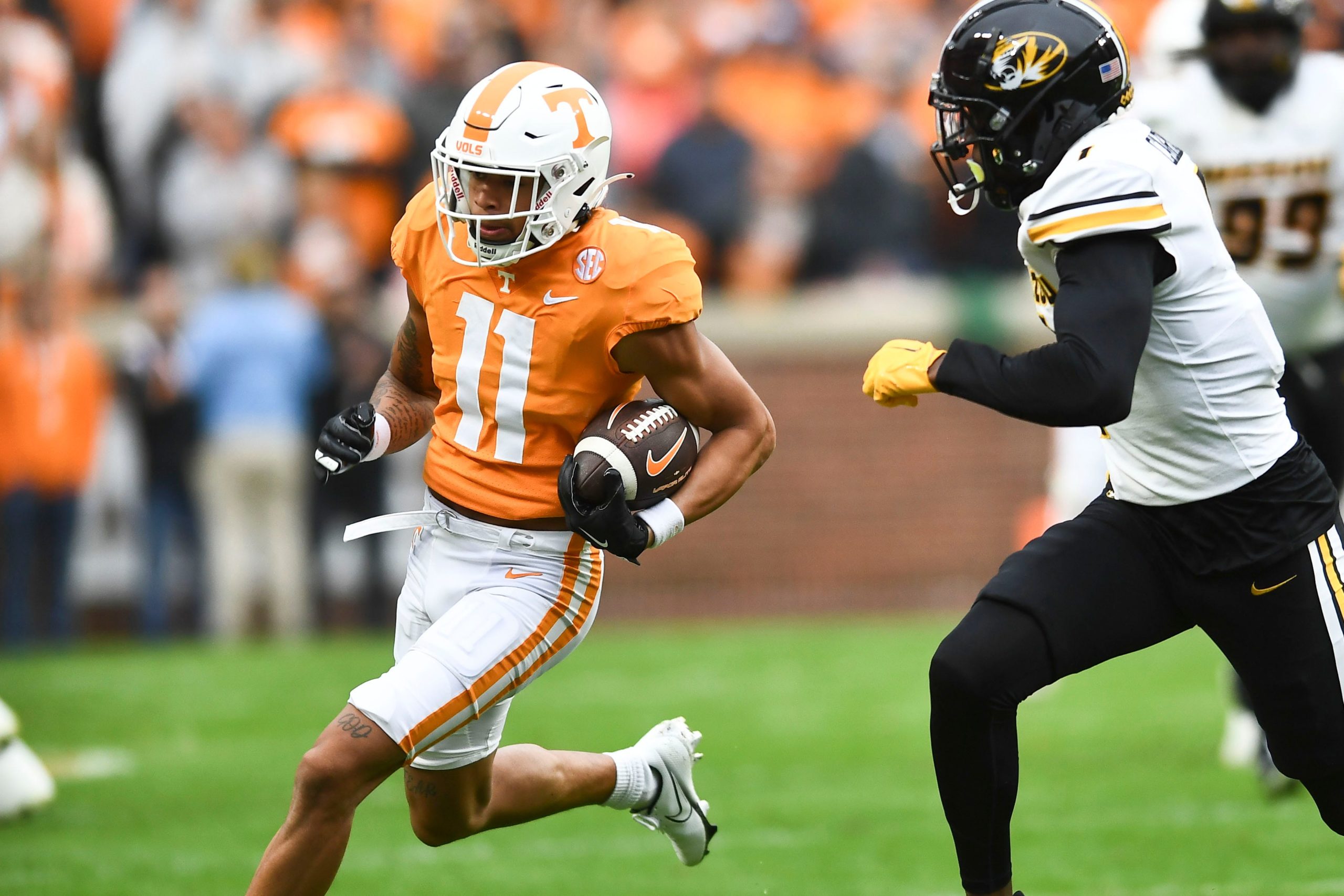 ***DUP***Tennessee defensive lineman LaTrell Bumphus (11)/Tennessee wide receiver Jalin Hyatt (11) trying to get past Missouri defensive back Jaylon Carlies (1) during an NCAA college football game on Saturday, November 12, 2022 in Knoxville, Tenn. Ut Vs Missouri