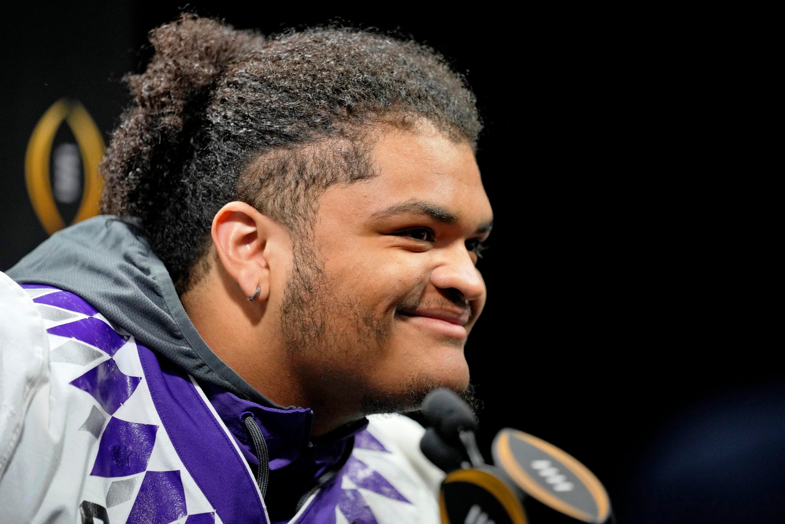Jan 7, 2023; Los Angeles, California, USA; TCU Horned Frogs center Steve Avila (79) talks with media on media day before the 2023 CFP national championship game at Los Angeles Convention Center. Mandatory Credit: Robert Hanashiro-USA TODAY Sports