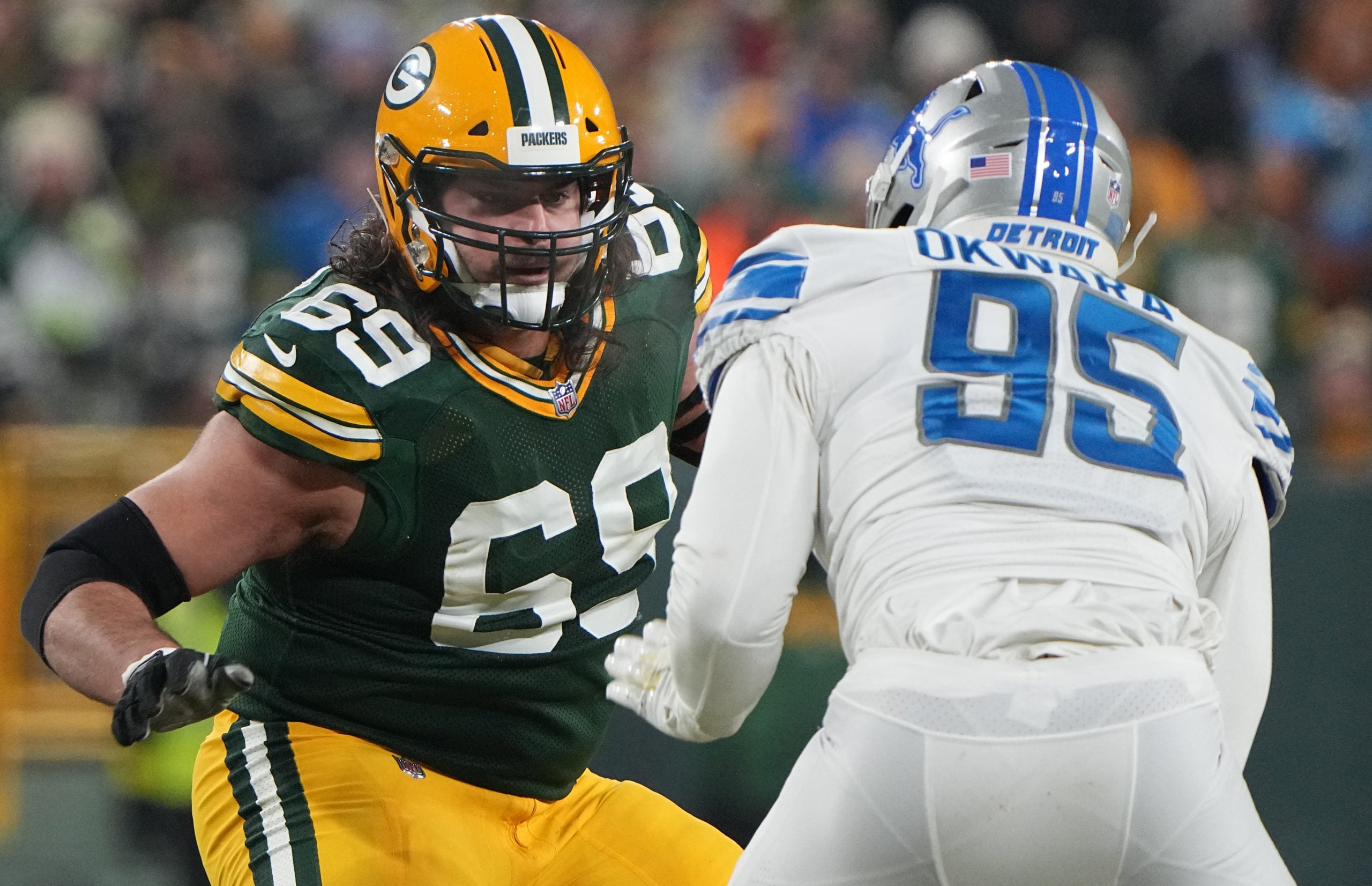 Packers David Bakhtiari blocking Lions player