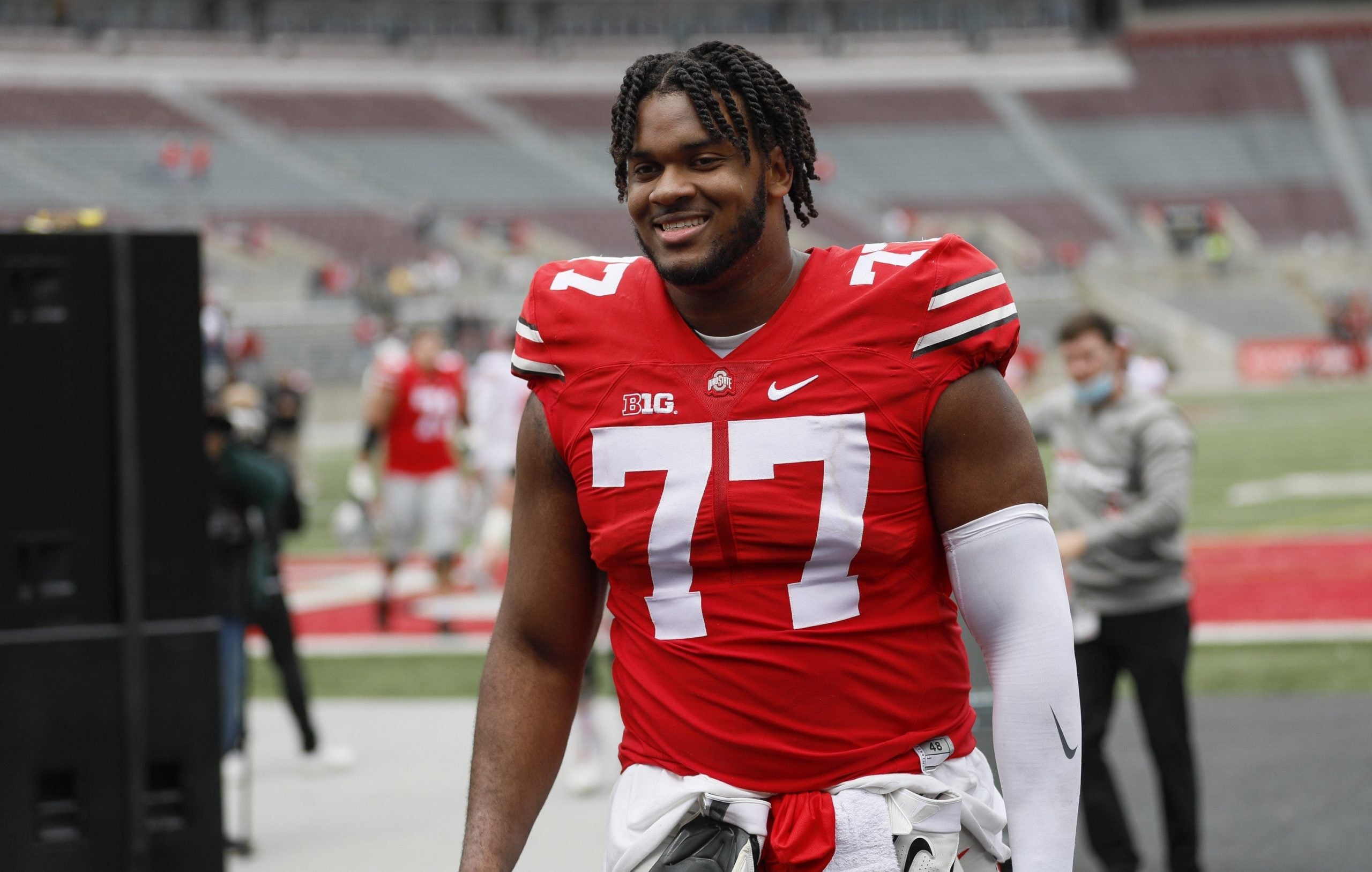 Team Buckeye offensive guard Paris Johnson Jr. (77) leaves the field following the Ohio State Buckeyes football spring game at Ohio Stadium in Columbus on Saturday, April 17, 2021. Ohio State Football Spring Game