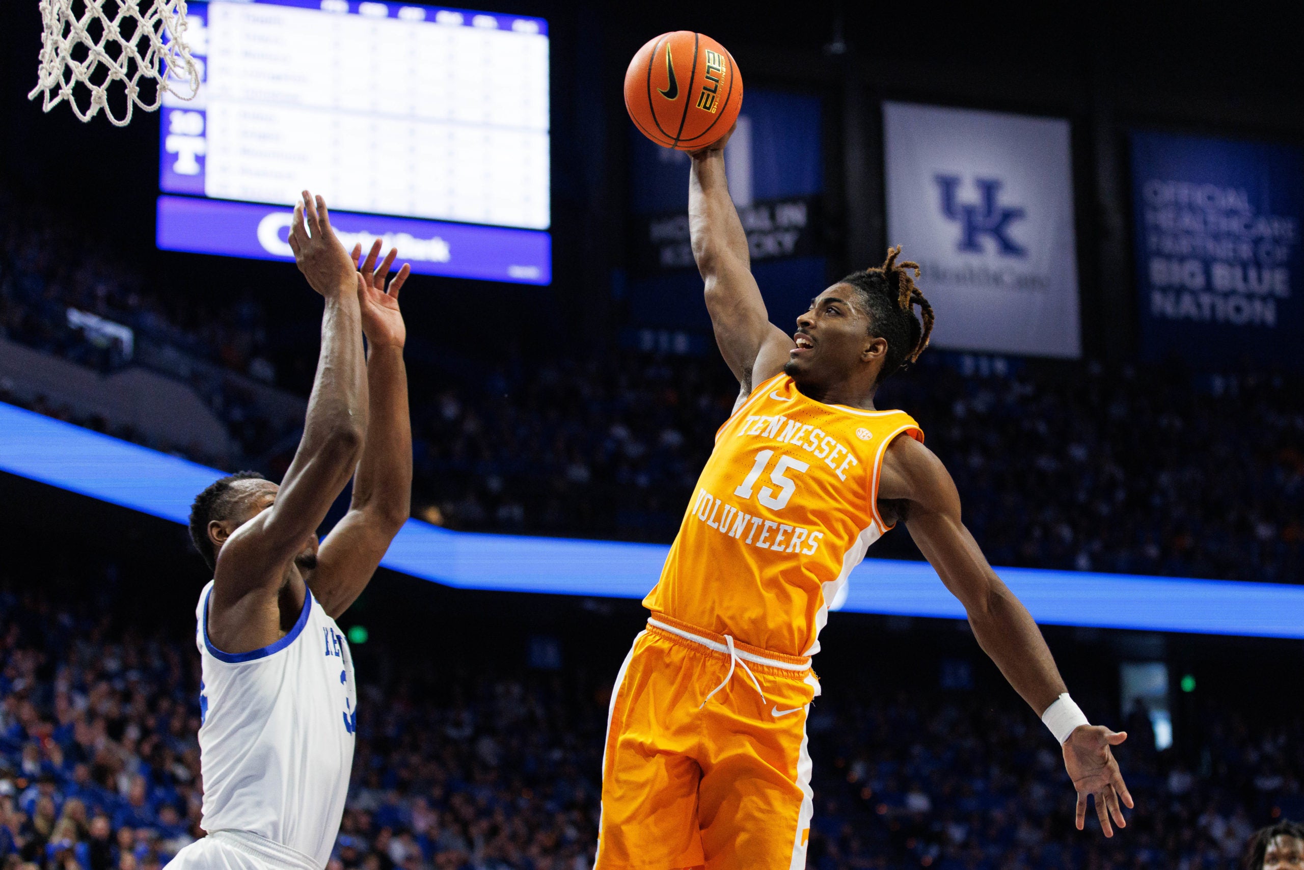 Feb 18, 2023; Lexington, Kentucky, USA; Tennessee Volunteers guard Jahmai Mashack (15) goes to the basket during the first half against the Kentucky Wildcats at Rupp Arena at Central Bank Center. Mandatory Credit: Jordan Prather-USA TODAY Sports