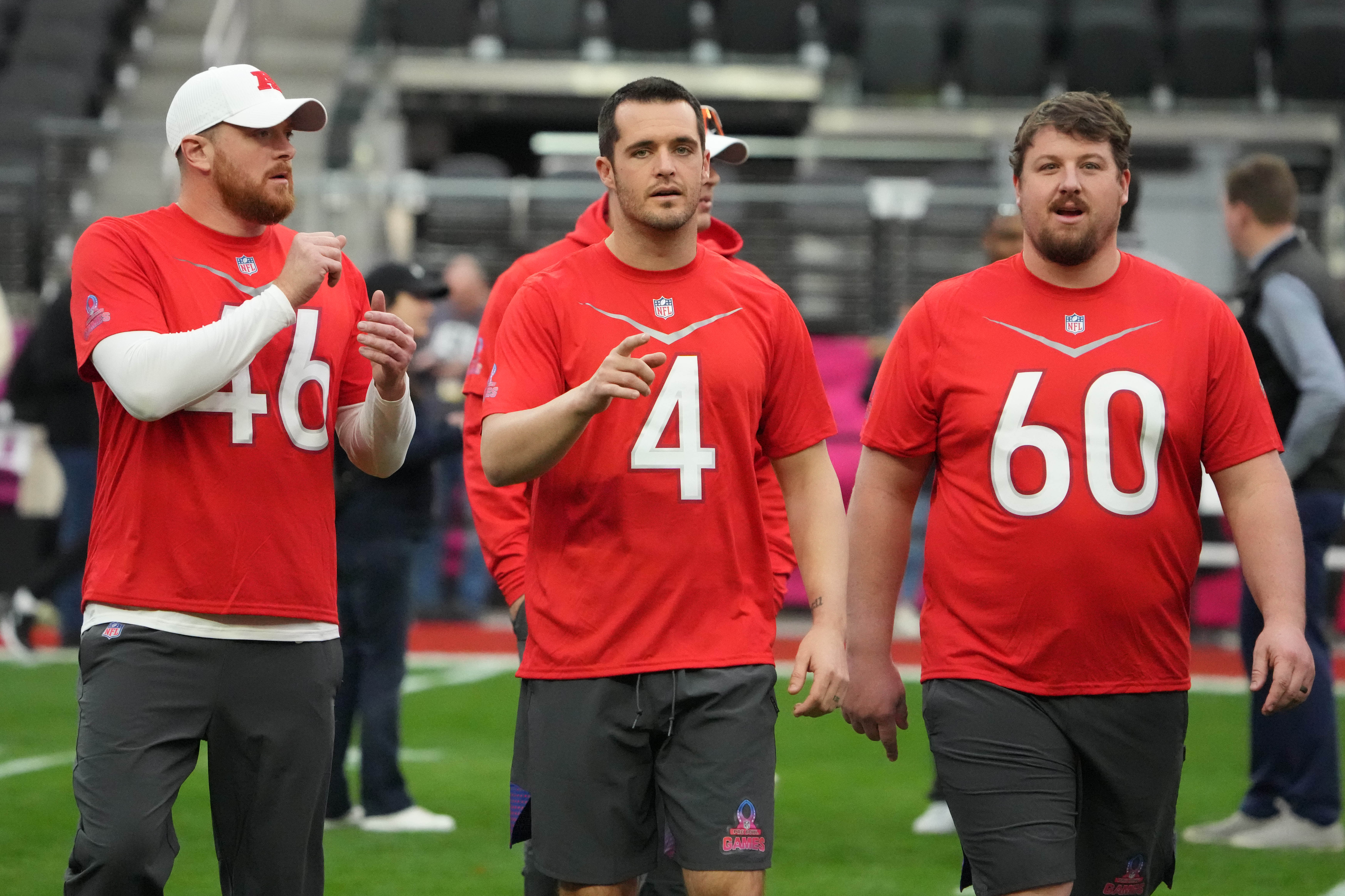 Feb 4, 2023; Paradise, NV, USA; AFC long snapper Morgan Cox of the Baltimore Ravens (46), quarterback Derek Carr of the Las Vegas Raiders (4) and center Ben Jones of the Tennessee Titans (60) during Pro Bowl Games practice at Allegiant Stadium. Mandatory Credit: Kirby Lee-USA TODAY Sports