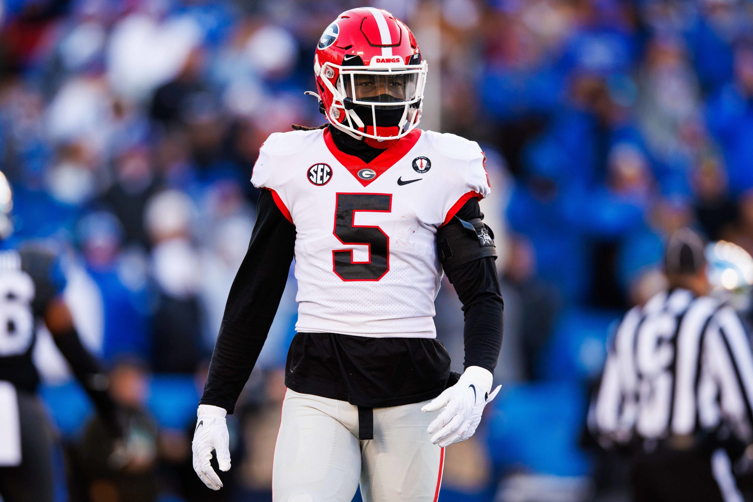 Nov 19, 2022; Lexington, Kentucky, USA; Georgia Bulldogs defensive back Kelee Ringo (5) looks on during the game against the Kentucky Wildcats at Kroger Field. Mandatory Credit: Jordan Prather-USA TODAY Sports