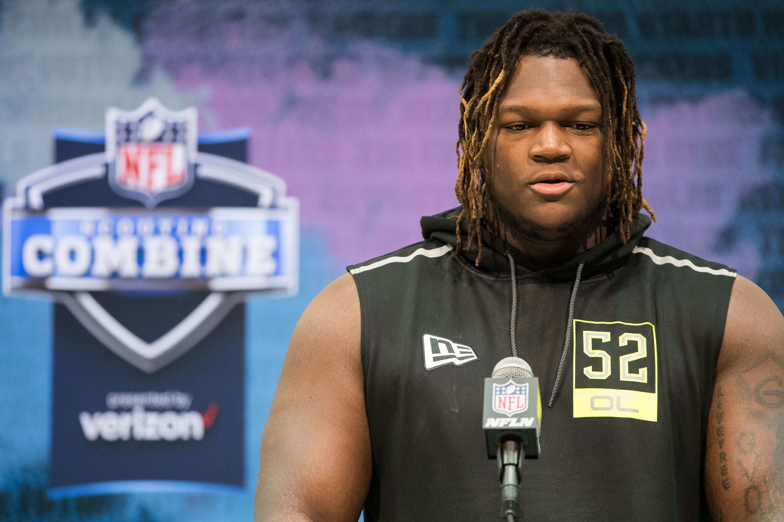 Feb 26, 2020; Indianapolis, Indiana, USA; Georgia offensive lineman Isaiah Wilson (OL52) speaks to the media during the 2020 NFL Combine in the Indianapolis Convention Center. Mandatory Credit: Trevor Ruszkowski-USA TODAY Sports