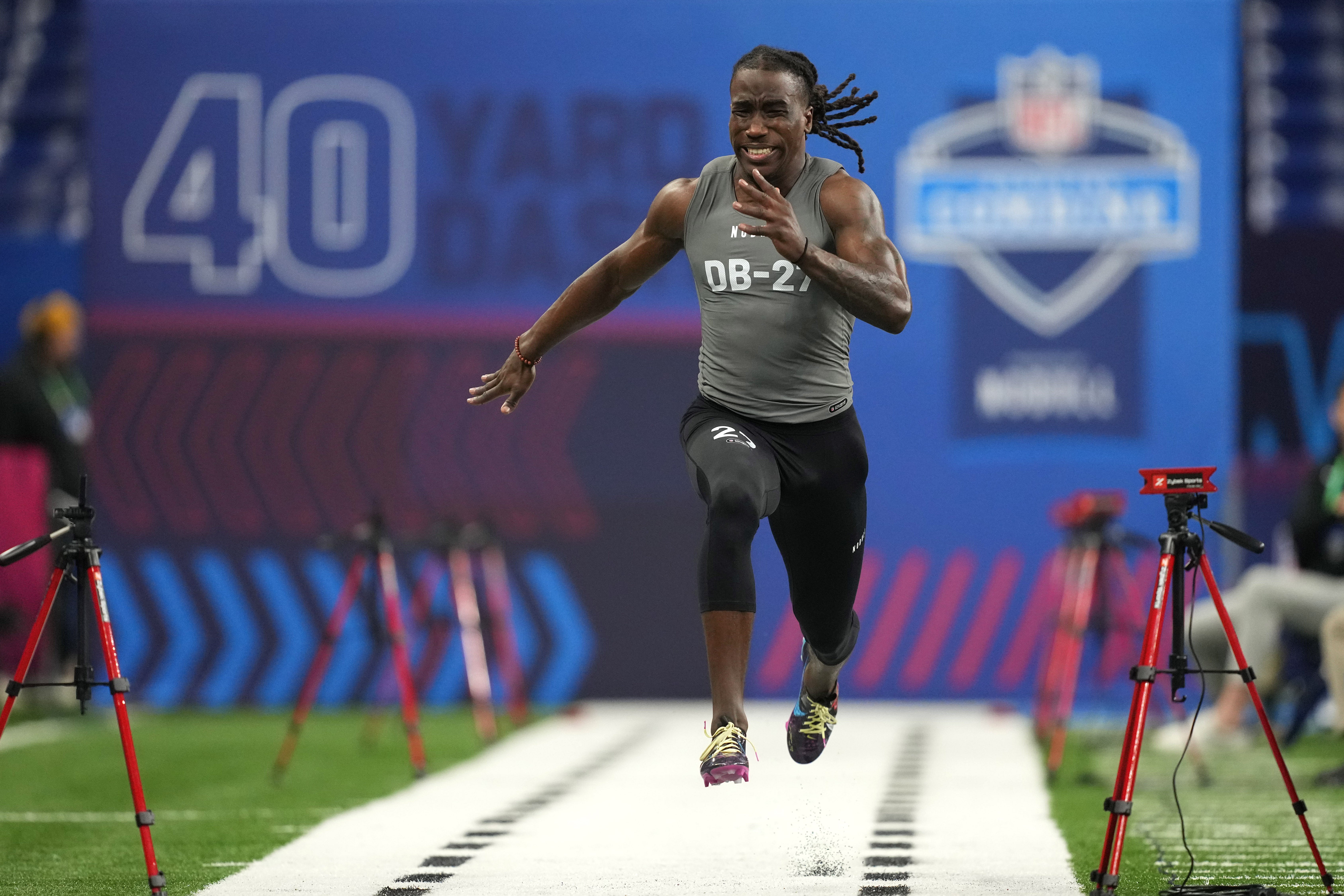Mar 3, 2023; Indianapolis, IN, USA; Georgia defensive back Kelee Ringo (DB27) participates in drills at Lucas Oil Stadium. Mandatory Credit: Kirby Lee-USA TODAY Sports
