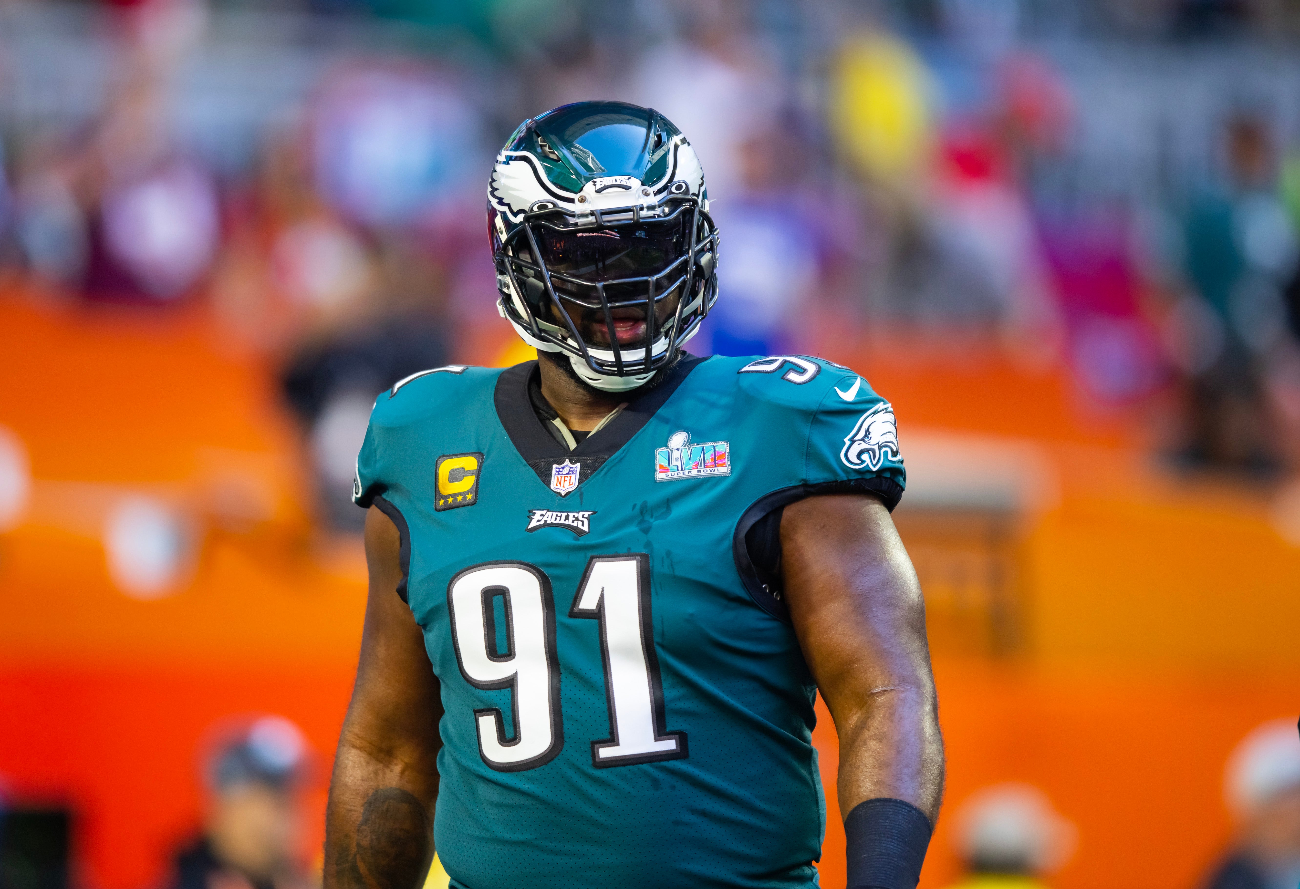 Feb 12, 2023; Glendale, Arizona, US; Philadelphia Eagles defensive tackle Fletcher Cox (91) against the Kansas City Chiefs during Super Bowl LVII at State Farm Stadium.