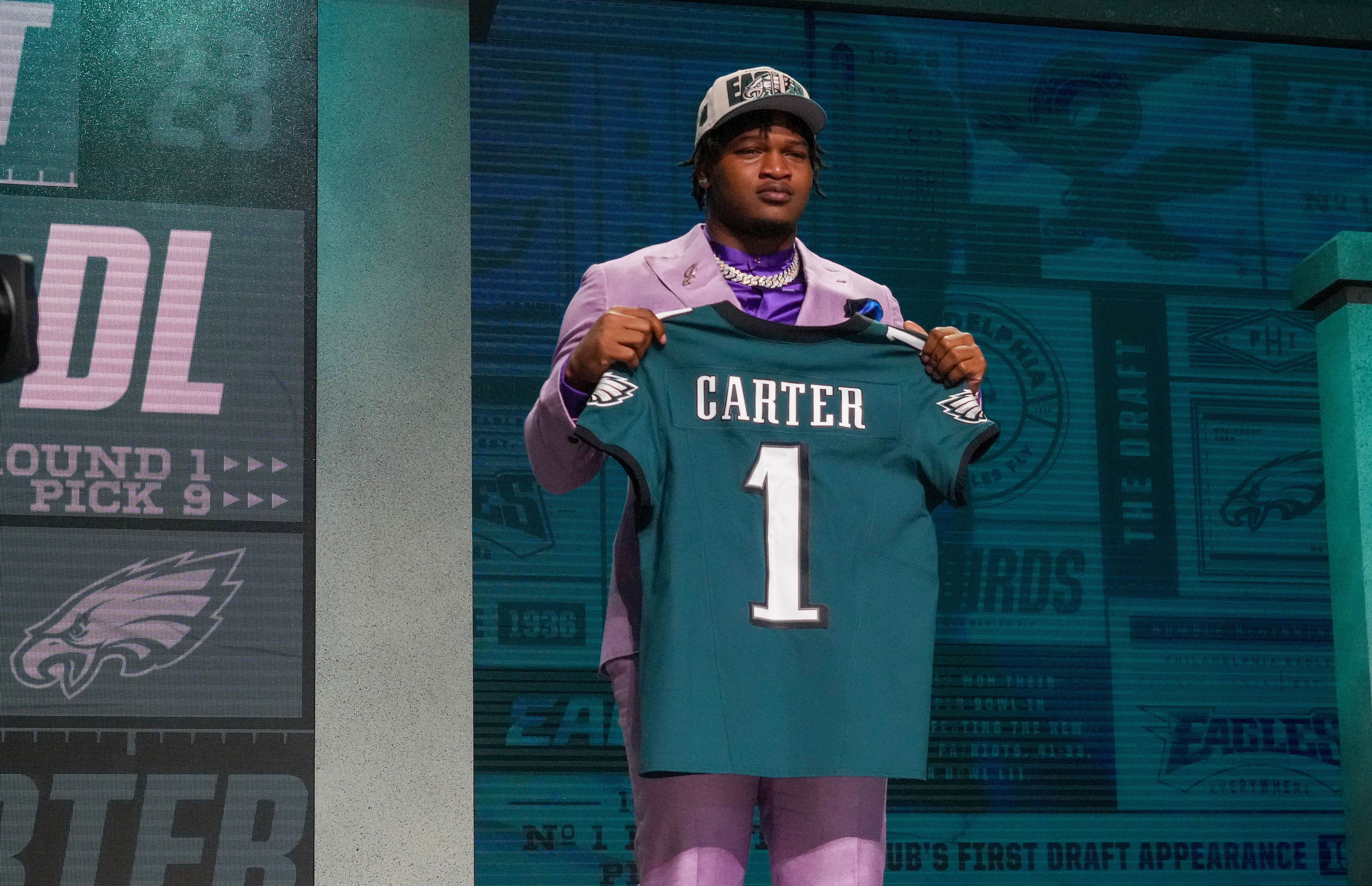 Apr 27, 2023; Kansas City, MO, USA; Georgia defensive lineman Jalen Carter on stage after being selected by the Philadelphia Eagles ninth overall in the first round of the 2023 NFL Draft at Union Station. Mandatory Credit: Kirby Lee-USA TODAY Sports