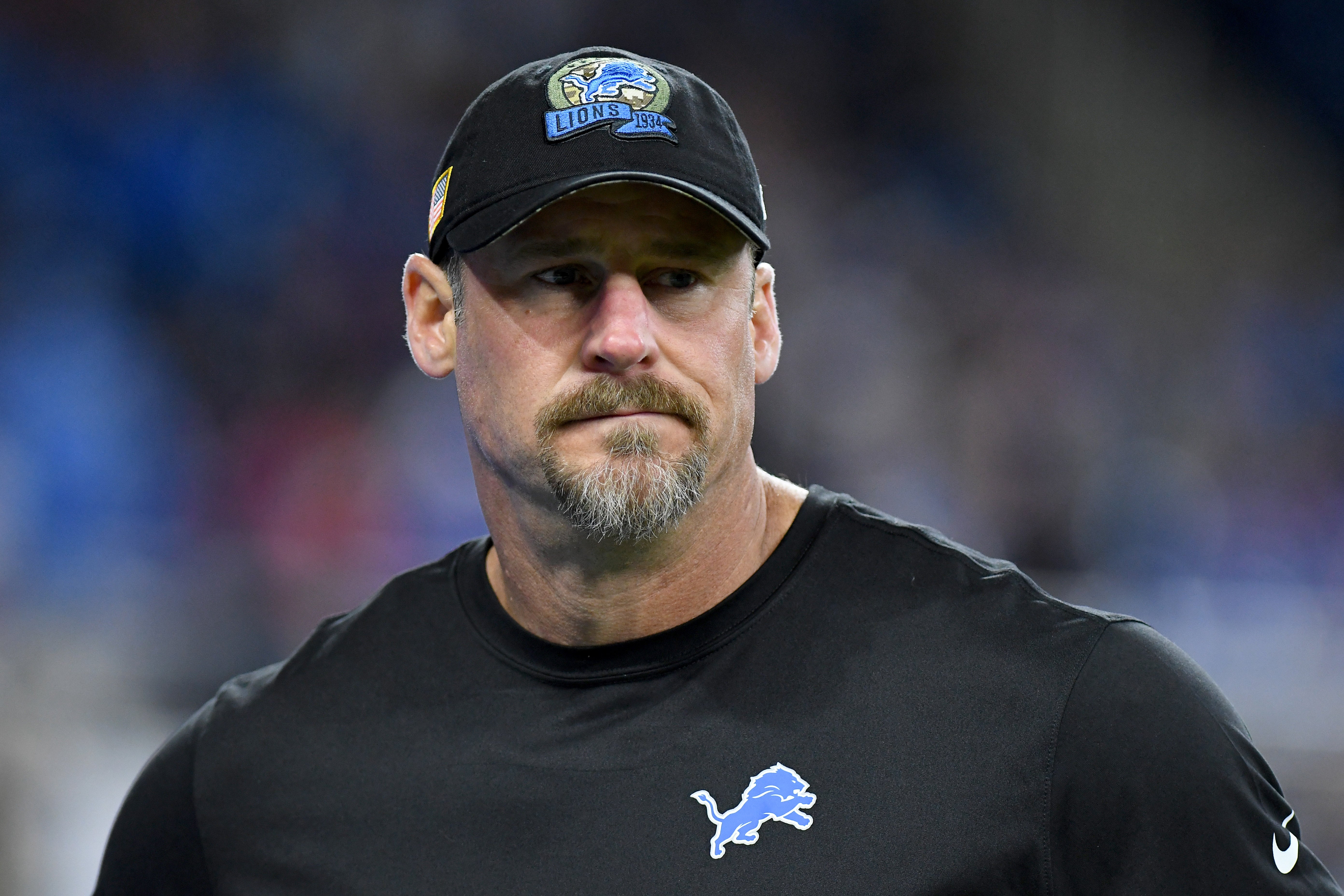 Nov 24, 2022; Detroit, Michigan, USA; Detroit Lions head coach Dan Campbell watches his team warm up before their game against the Buffalo Bills at Ford Field. Mandatory Credit: Lon Horwedel-USA TODAY Sports