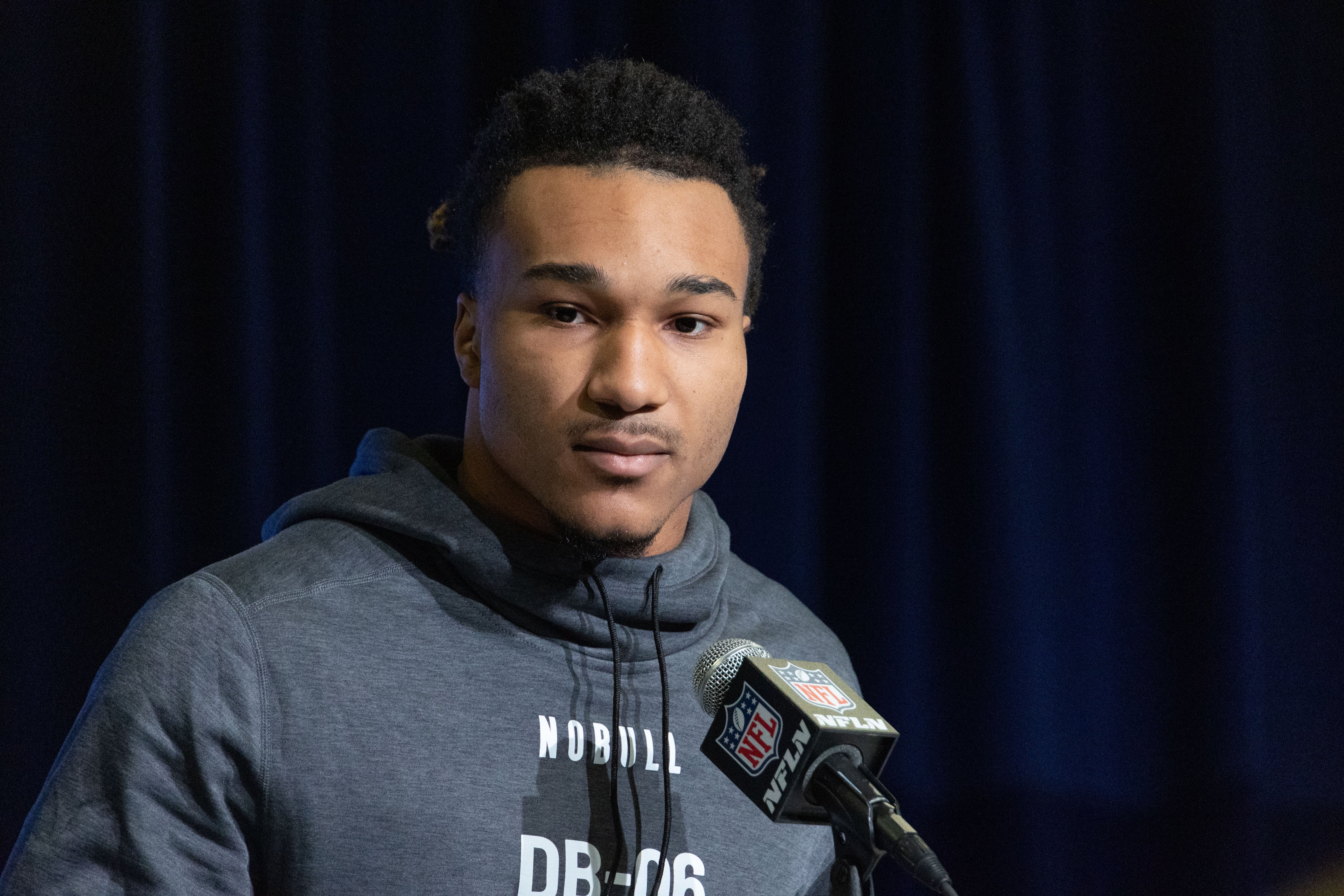 Mar 2, 2023; Indianapolis, IN, USA; Alabama defensive back Brian Branch (DB06) speaks to the press at the NFL Combine at Lucas Oil Stadium. Mandatory Credit: Trevor Ruszkowski-USA TODAY Sports