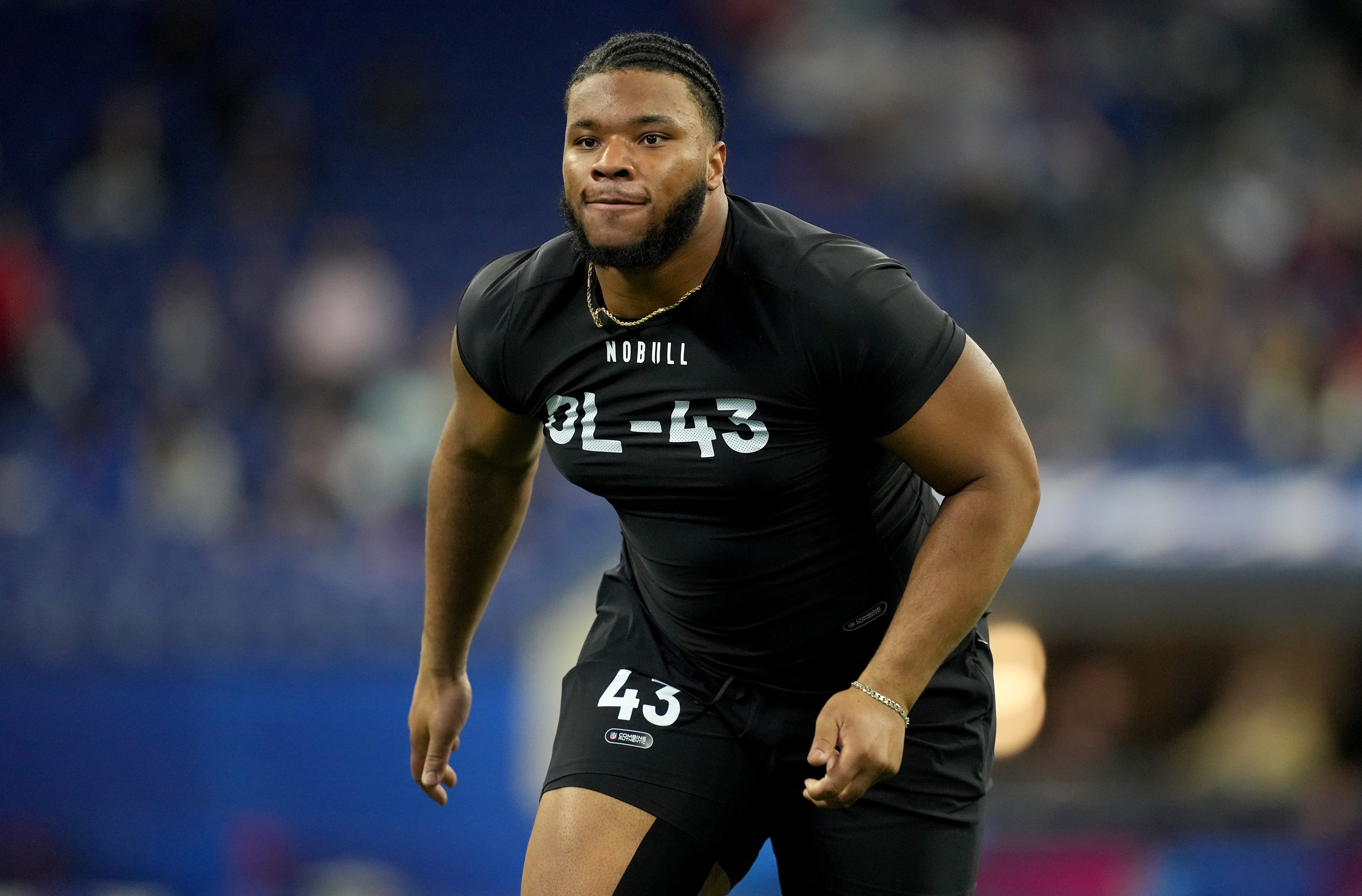 Mar 5, 2023; Indianapolis, IN, USA; Alabama offensive lineman Tyler Steen (OL43) during the NFL Scouting Combine at Lucas Oil Stadium. Mandatory Credit: Kirby Lee-USA TODAY Sports