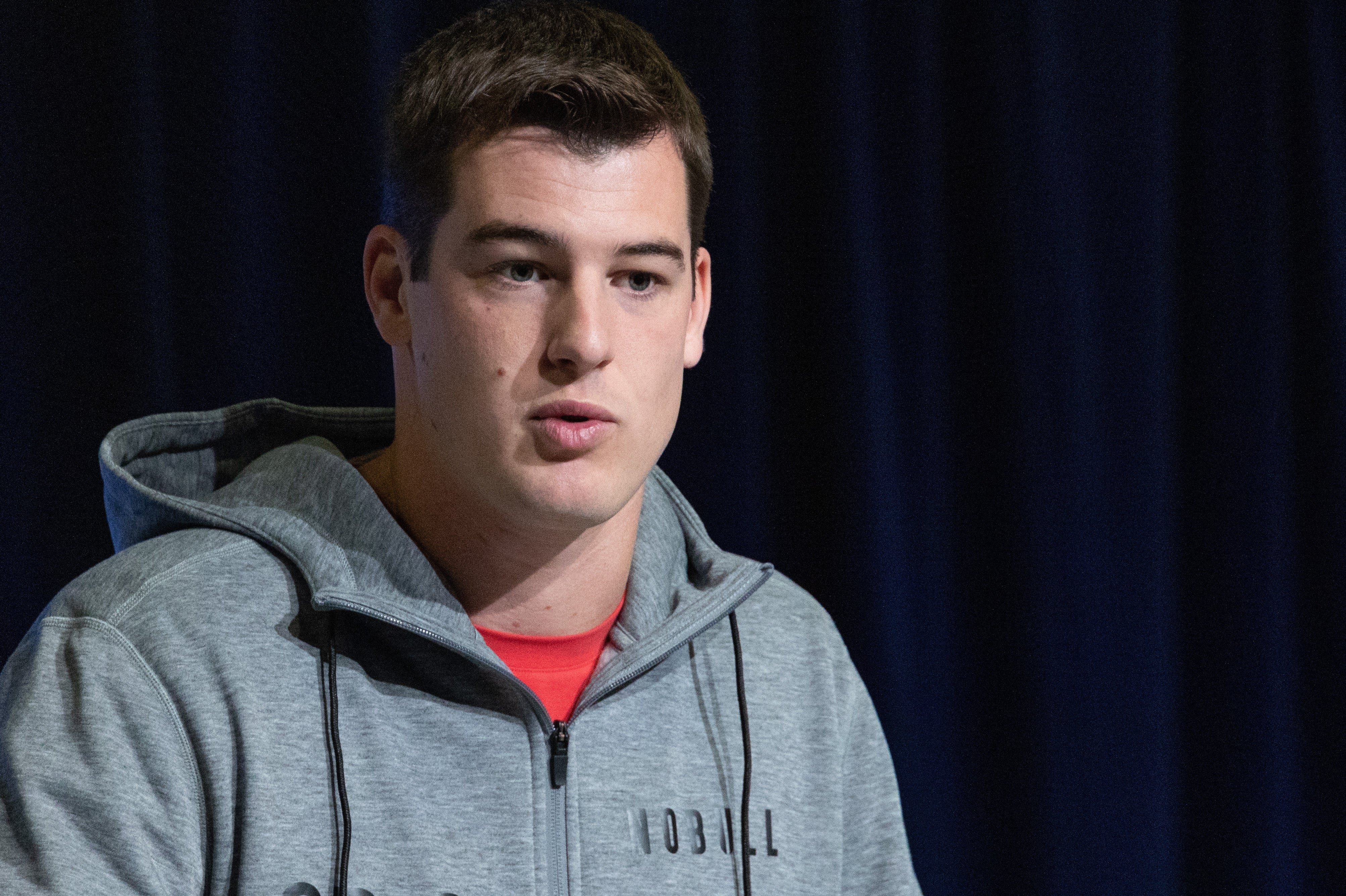 Mar 3, 2023; Indianapolis, IN, USA; Stanford quarterback Tanner McKee (QB09) speaks to the press at the NFL Combine at Lucas Oil Stadium. Mandatory Credit: Trevor Ruszkowski-USA TODAY Sports