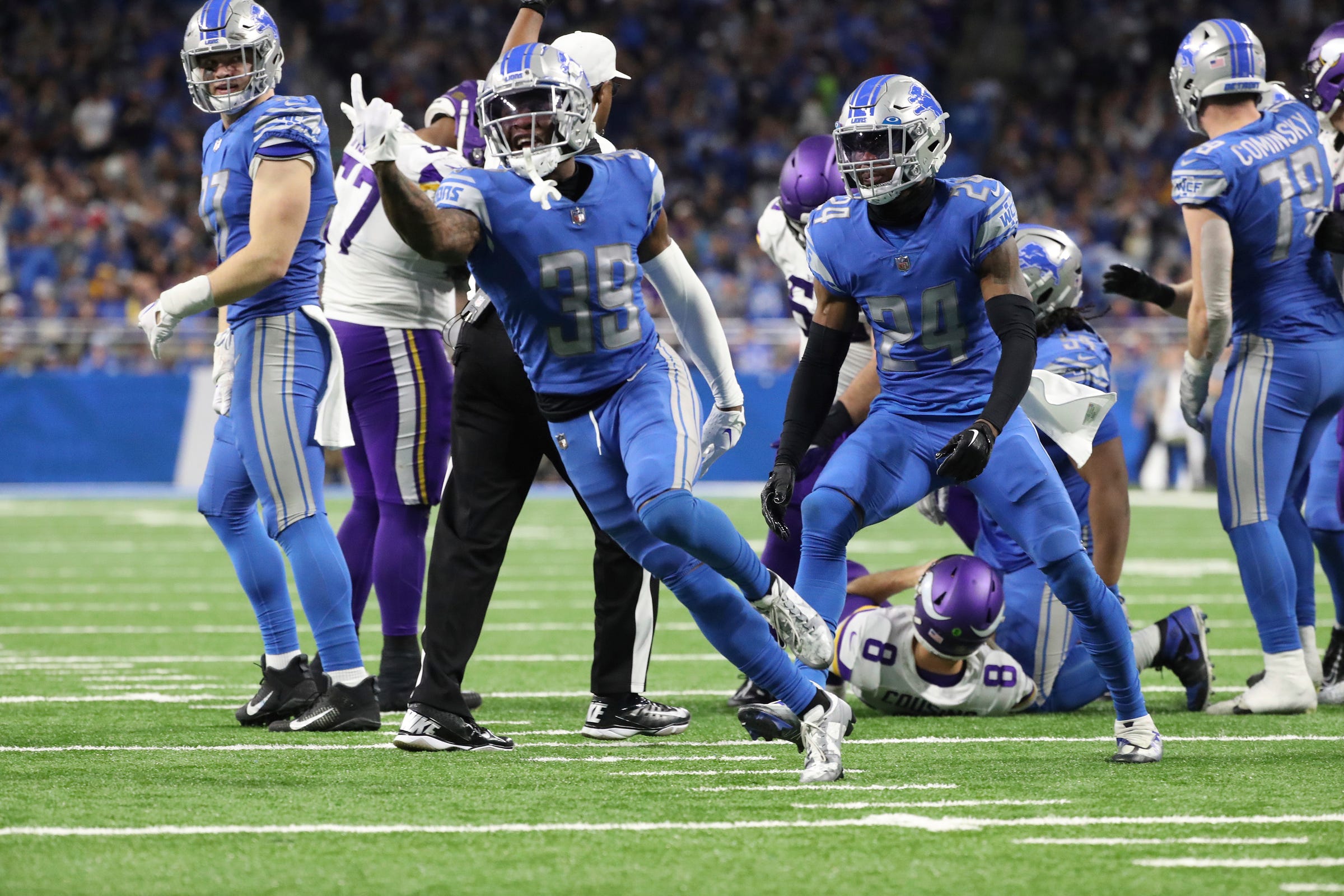 Lions cornerback Jerry Jacobs celebrates his sack on Vikings quarterback Kirk Cousins during the second half of the Lions' 34-23 win over the Vikings on Sunday, Dec. 11, 2022, at Ford Field. Lionsminn 121122 Kd 6249