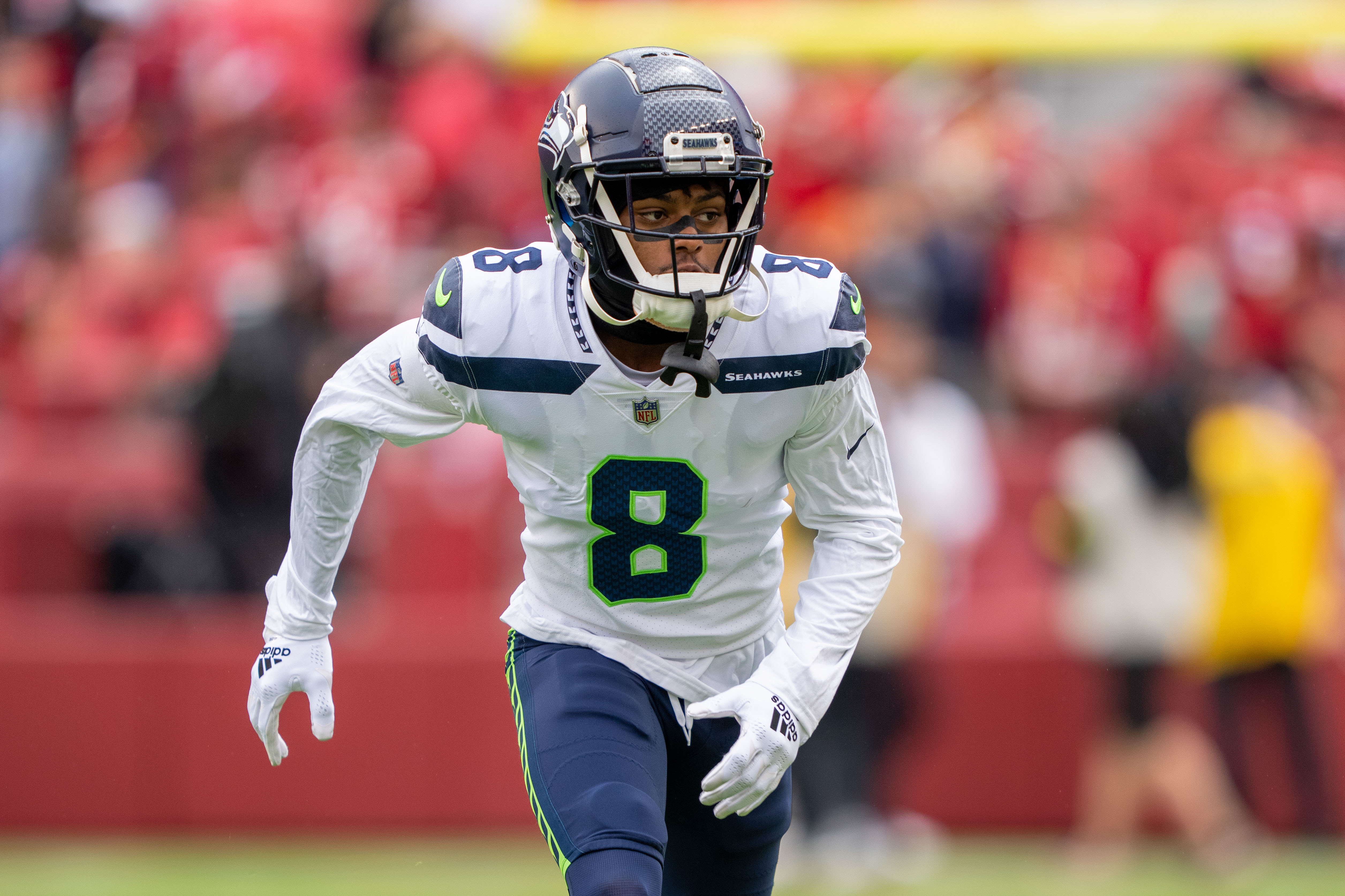 September 18, 2022; Santa Clara, California, USA; Seattle Seahawks cornerback Coby Bryant (8) before the game against the San Francisco 49ers at Levi's Stadium. Mandatory Credit: Kyle Terada-USA TODAY Sports
