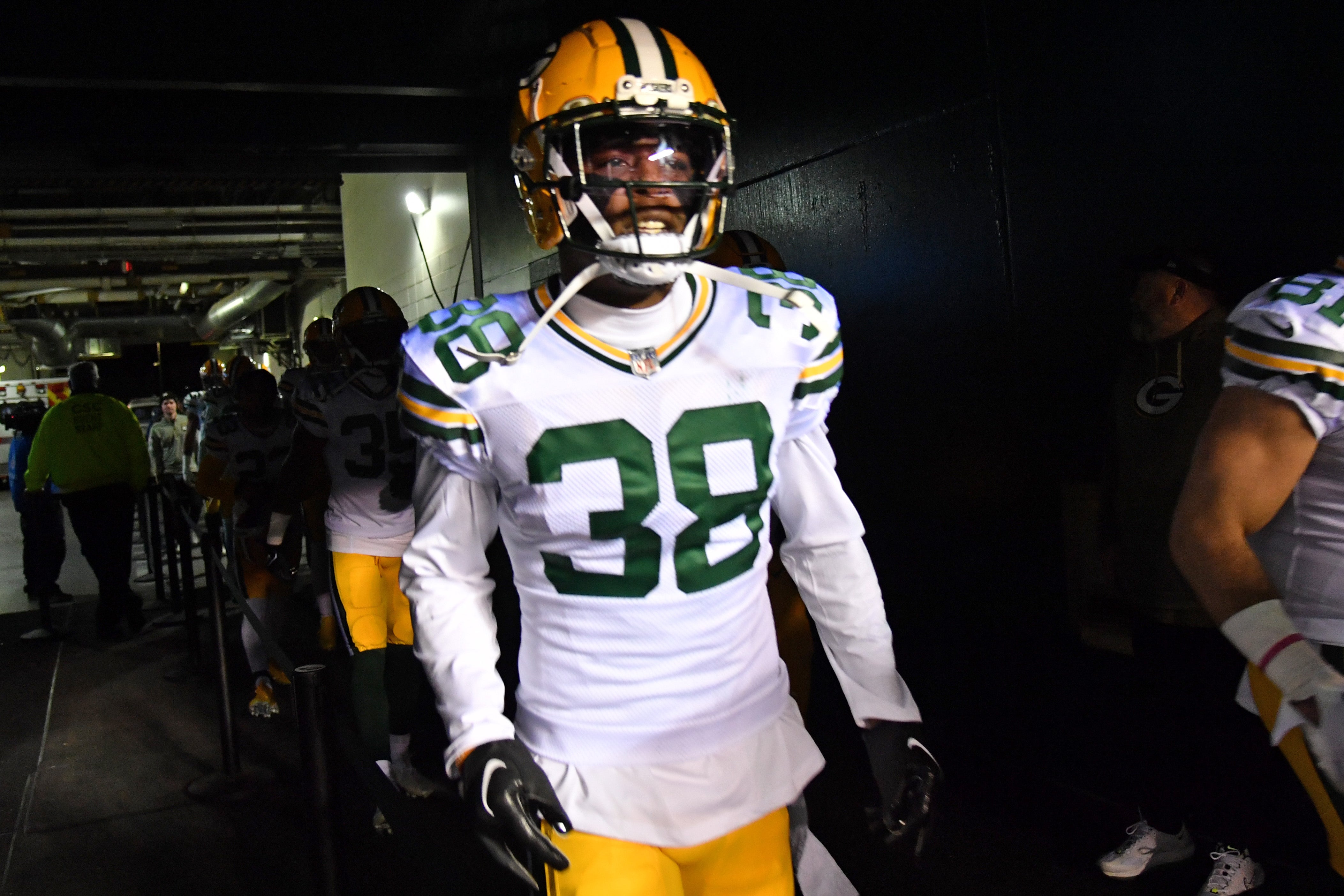 Nov 27, 2022; Philadelphia, Pennsylvania, USA; Green Bay Packers safety Innis Gaines (38) in the tunnel against the Philadelphia Eagles at Lincoln Financial Field. Mandatory Credit: Eric Hartline-USA TODAY Sports