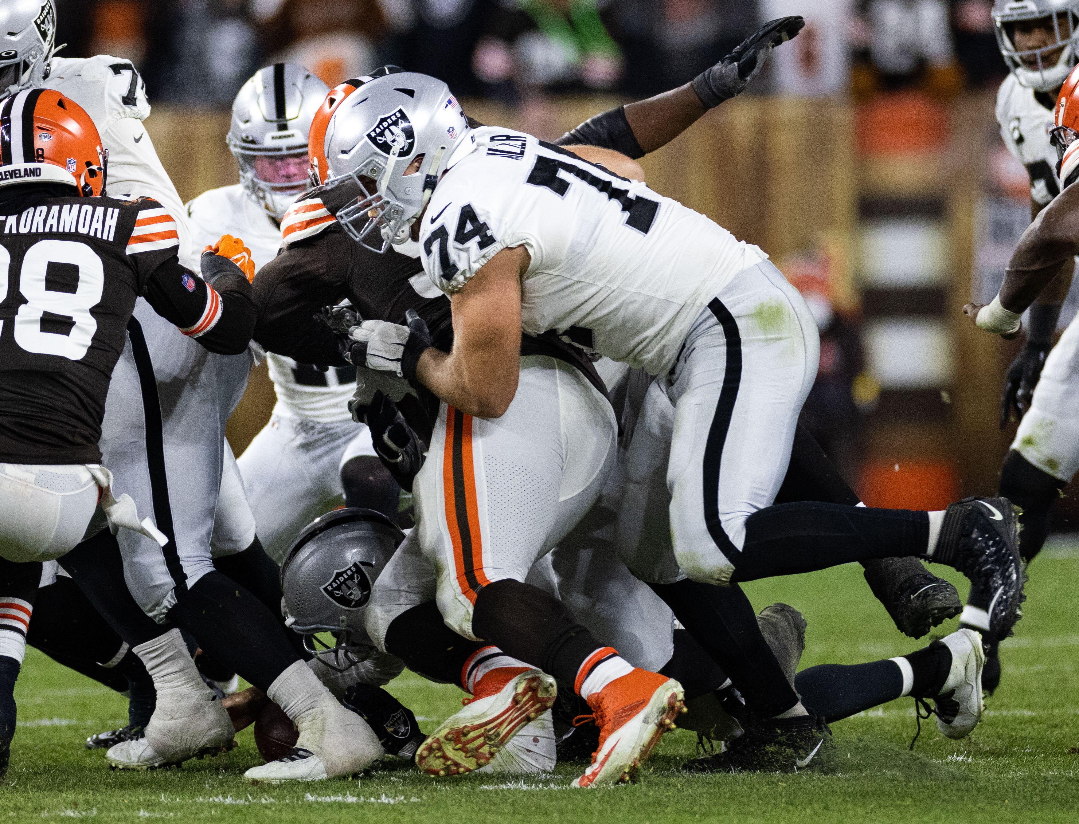 Dec 20, 2021; Cleveland, Ohio, USA; Las Vegas Raiders offensive tackle Kolton Miller (74) blocks the Cleveland Browns during the third quarter at FirstEnergy Stadium.